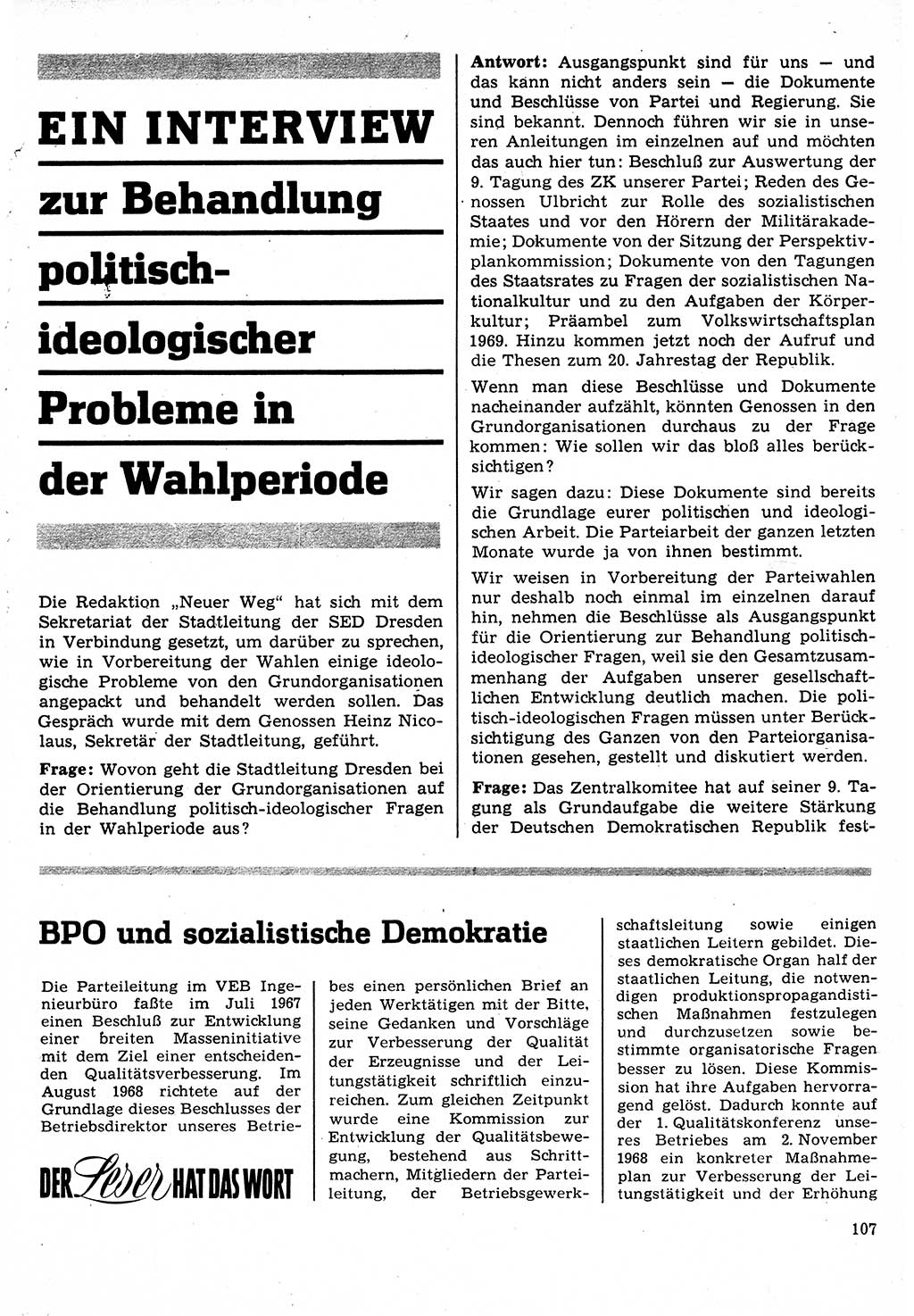 Neuer Weg (NW), Organ des Zentralkomitees (ZK) der SED (Sozialistische Einheitspartei Deutschlands) für Fragen des Parteilebens, 24. Jahrgang [Deutsche Demokratische Republik (DDR)] 1969, Seite 107 (NW ZK SED DDR 1969, S. 107)