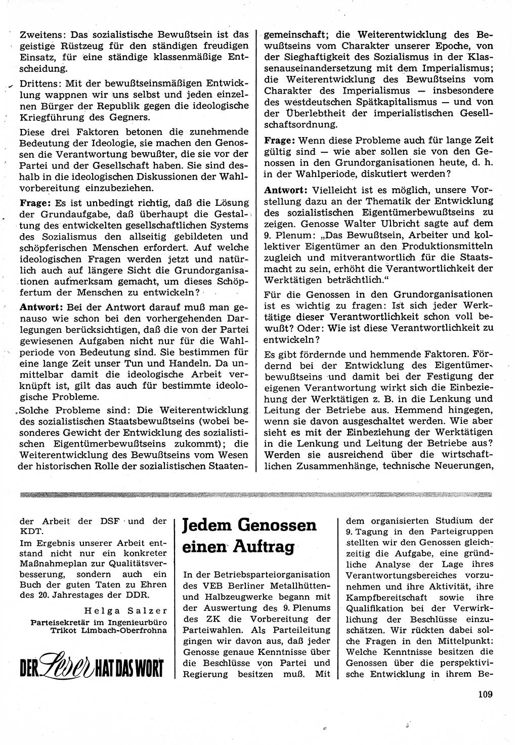 Neuer Weg (NW), Organ des Zentralkomitees (ZK) der SED (Sozialistische Einheitspartei Deutschlands) für Fragen des Parteilebens, 24. Jahrgang [Deutsche Demokratische Republik (DDR)] 1969, Seite 109 (NW ZK SED DDR 1969, S. 109)