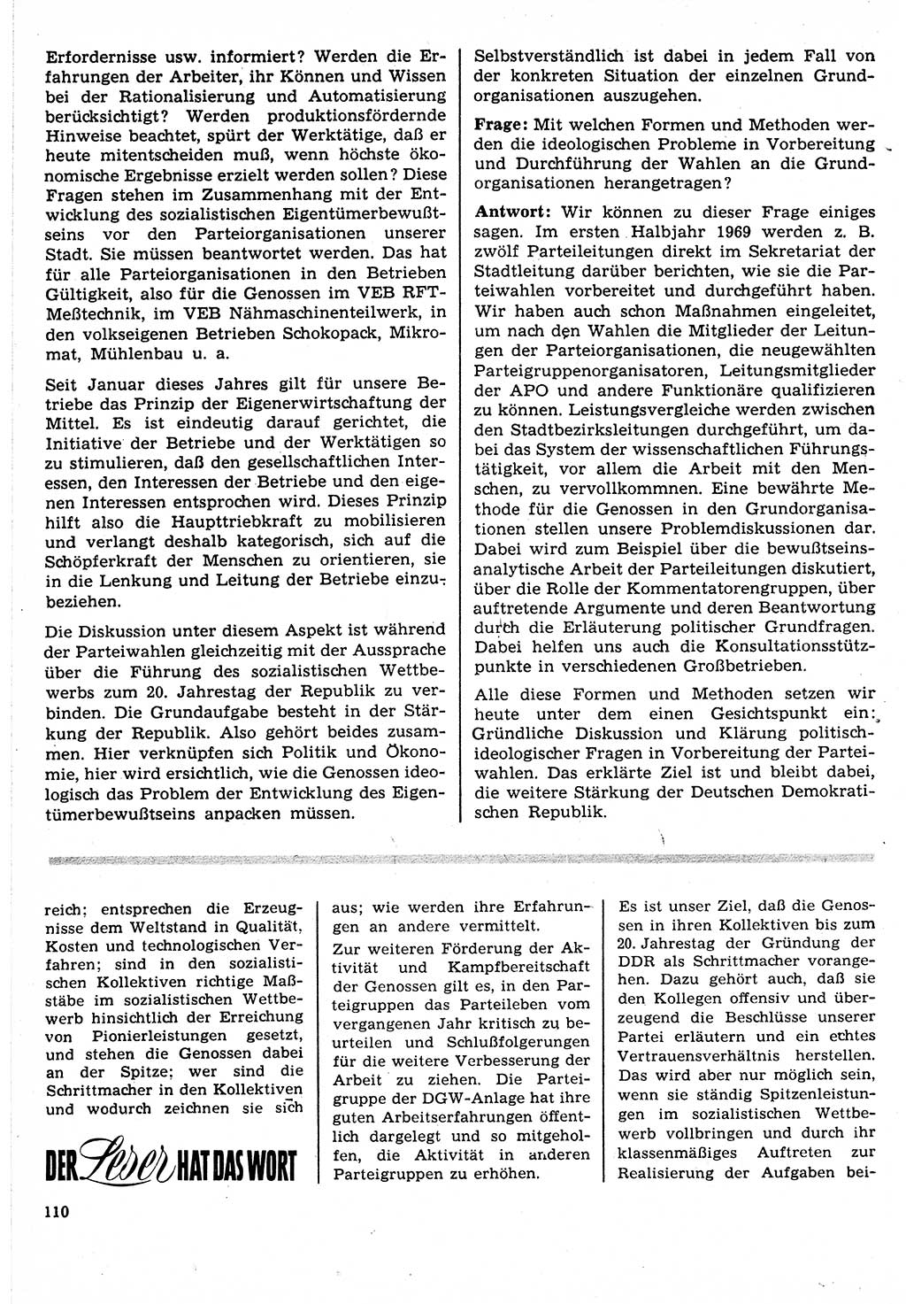 Neuer Weg (NW), Organ des Zentralkomitees (ZK) der SED (Sozialistische Einheitspartei Deutschlands) für Fragen des Parteilebens, 24. Jahrgang [Deutsche Demokratische Republik (DDR)] 1969, Seite 110 (NW ZK SED DDR 1969, S. 110)