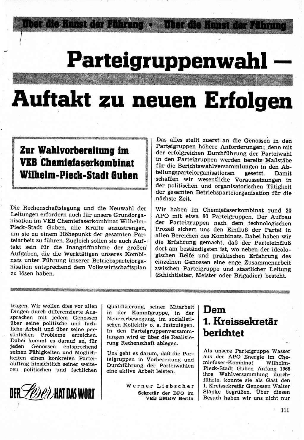 Neuer Weg (NW), Organ des Zentralkomitees (ZK) der SED (Sozialistische Einheitspartei Deutschlands) für Fragen des Parteilebens, 24. Jahrgang [Deutsche Demokratische Republik (DDR)] 1969, Seite 111 (NW ZK SED DDR 1969, S. 111)