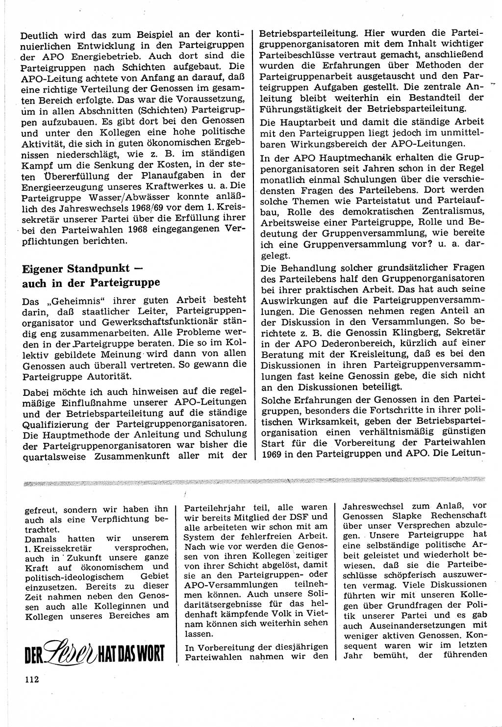 Neuer Weg (NW), Organ des Zentralkomitees (ZK) der SED (Sozialistische Einheitspartei Deutschlands) für Fragen des Parteilebens, 24. Jahrgang [Deutsche Demokratische Republik (DDR)] 1969, Seite 112 (NW ZK SED DDR 1969, S. 112)