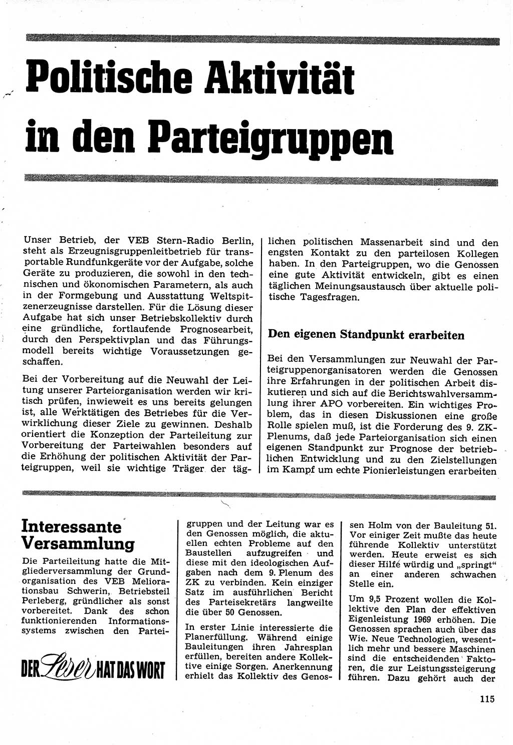 Neuer Weg (NW), Organ des Zentralkomitees (ZK) der SED (Sozialistische Einheitspartei Deutschlands) für Fragen des Parteilebens, 24. Jahrgang [Deutsche Demokratische Republik (DDR)] 1969, Seite 115 (NW ZK SED DDR 1969, S. 115)