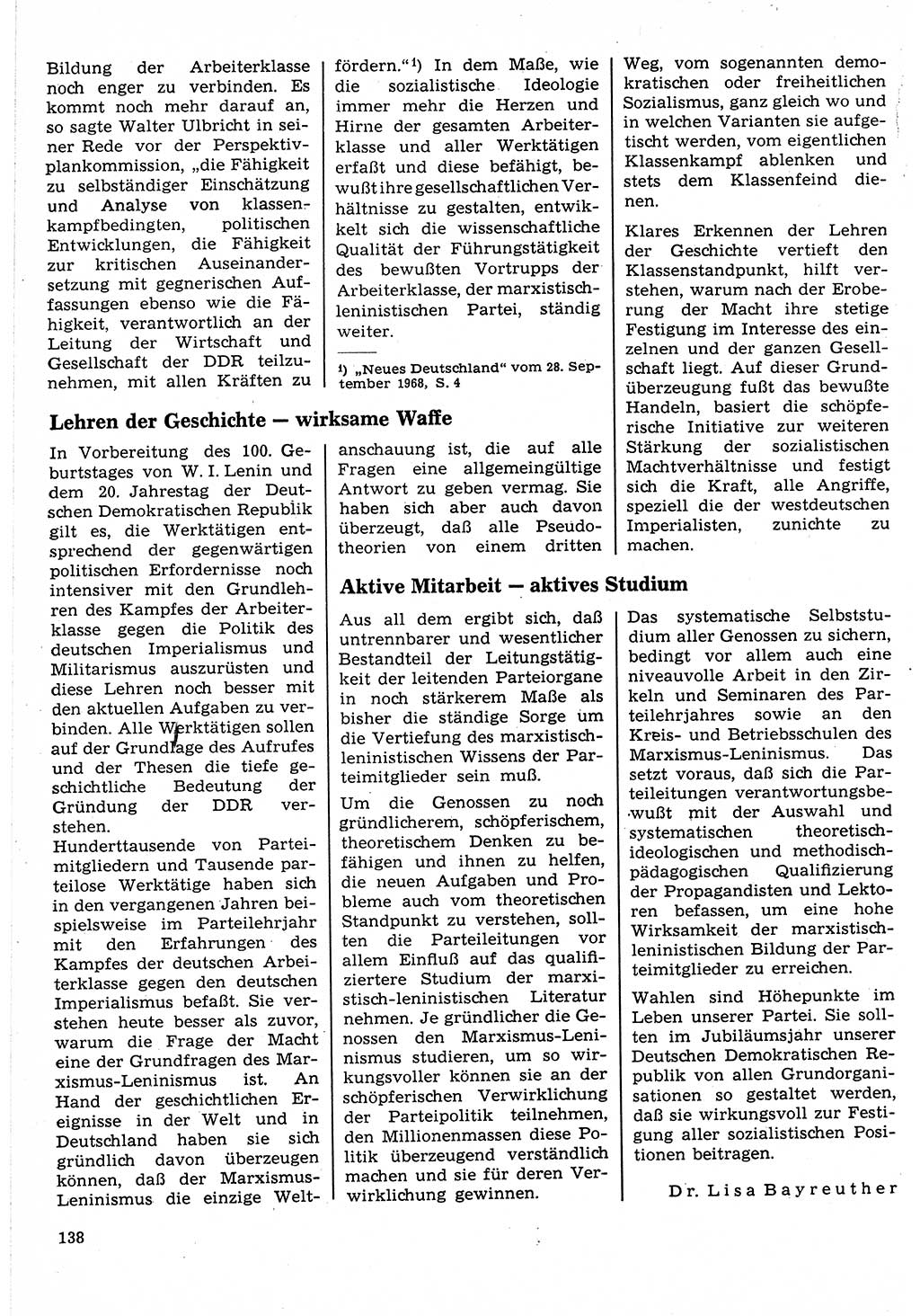 Neuer Weg (NW), Organ des Zentralkomitees (ZK) der SED (Sozialistische Einheitspartei Deutschlands) für Fragen des Parteilebens, 24. Jahrgang [Deutsche Demokratische Republik (DDR)] 1969, Seite 138 (NW ZK SED DDR 1969, S. 138)