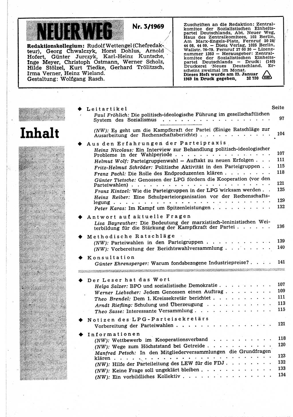 Neuer Weg (NW), Organ des Zentralkomitees (ZK) der SED (Sozialistische Einheitspartei Deutschlands) für Fragen des Parteilebens, 24. Jahrgang [Deutsche Demokratische Republik (DDR)] 1969, Seite 144 (NW ZK SED DDR 1969, S. 144)