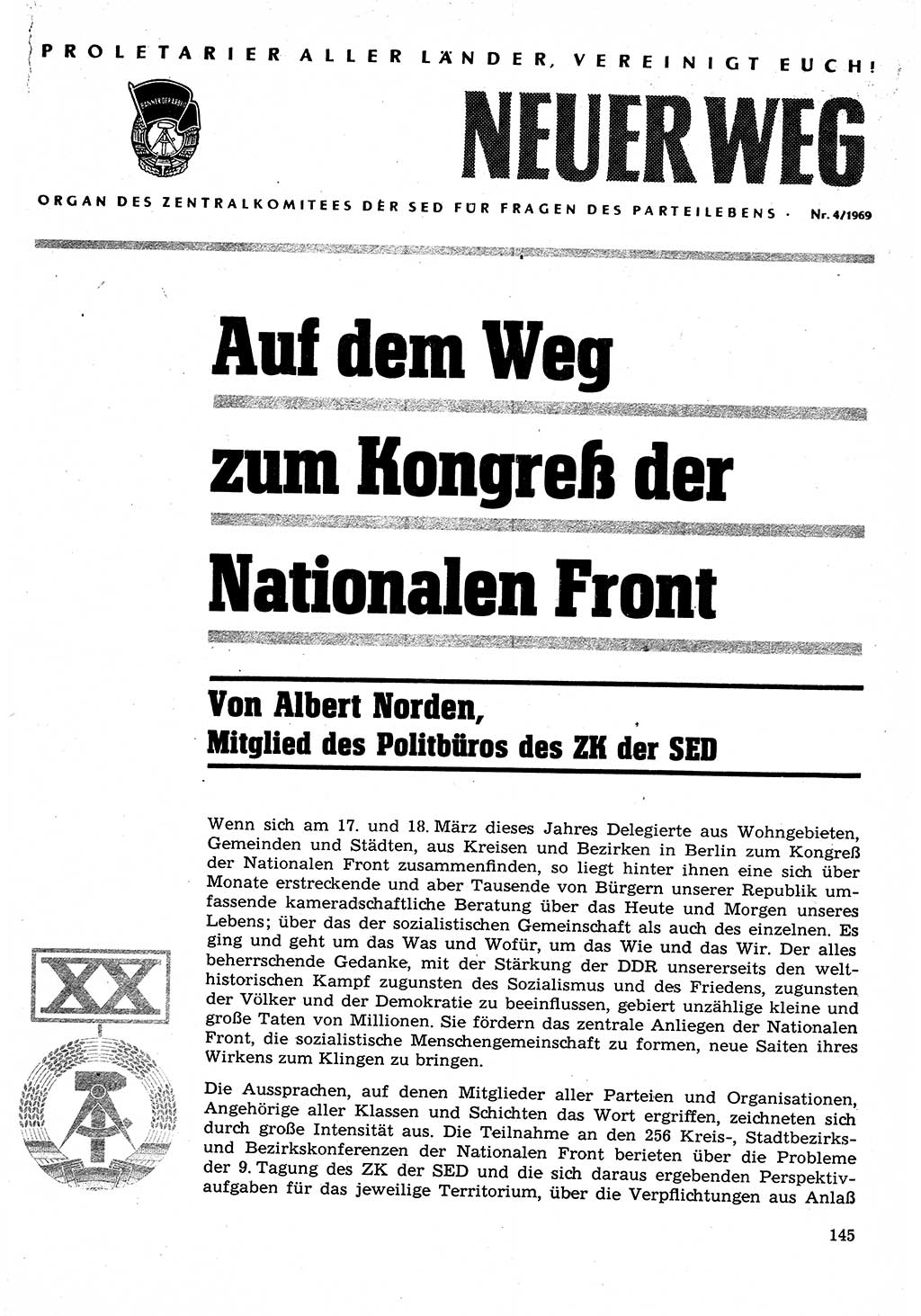 Neuer Weg (NW), Organ des Zentralkomitees (ZK) der SED (Sozialistische Einheitspartei Deutschlands) für Fragen des Parteilebens, 24. Jahrgang [Deutsche Demokratische Republik (DDR)] 1969, Seite 145 (NW ZK SED DDR 1969, S. 145)