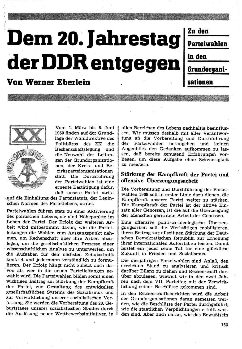 Neuer Weg (NW), Organ des Zentralkomitees (ZK) der SED (Sozialistische Einheitspartei Deutschlands) für Fragen des Parteilebens, 24. Jahrgang [Deutsche Demokratische Republik (DDR)] 1969, Seite 153 (NW ZK SED DDR 1969, S. 153)