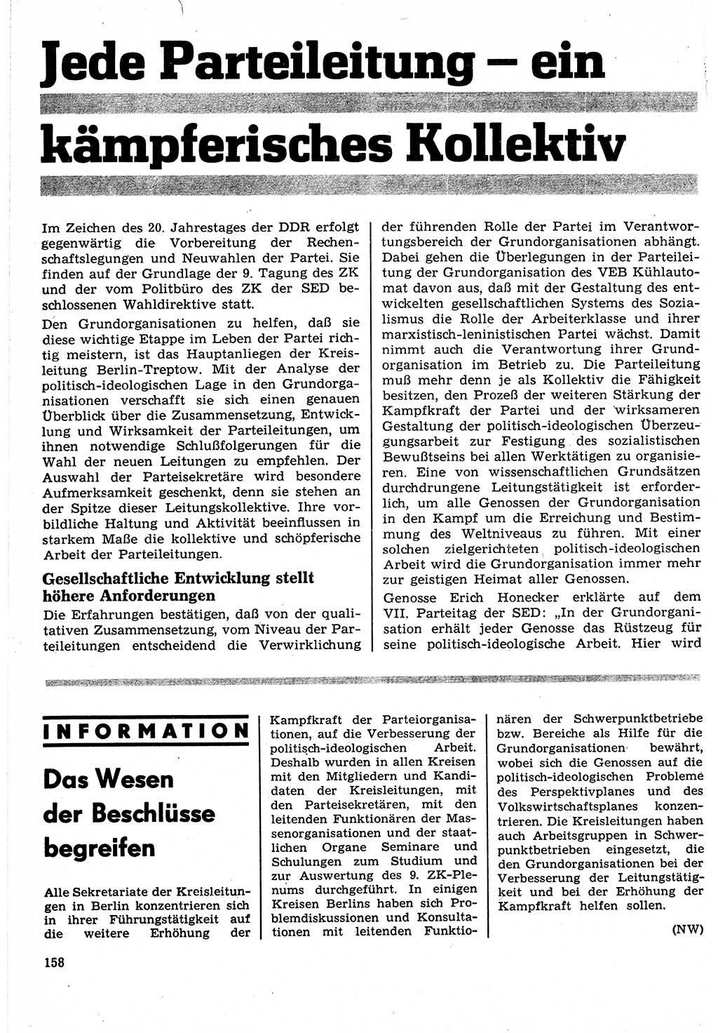 Neuer Weg (NW), Organ des Zentralkomitees (ZK) der SED (Sozialistische Einheitspartei Deutschlands) für Fragen des Parteilebens, 24. Jahrgang [Deutsche Demokratische Republik (DDR)] 1969, Seite 158 (NW ZK SED DDR 1969, S. 158)