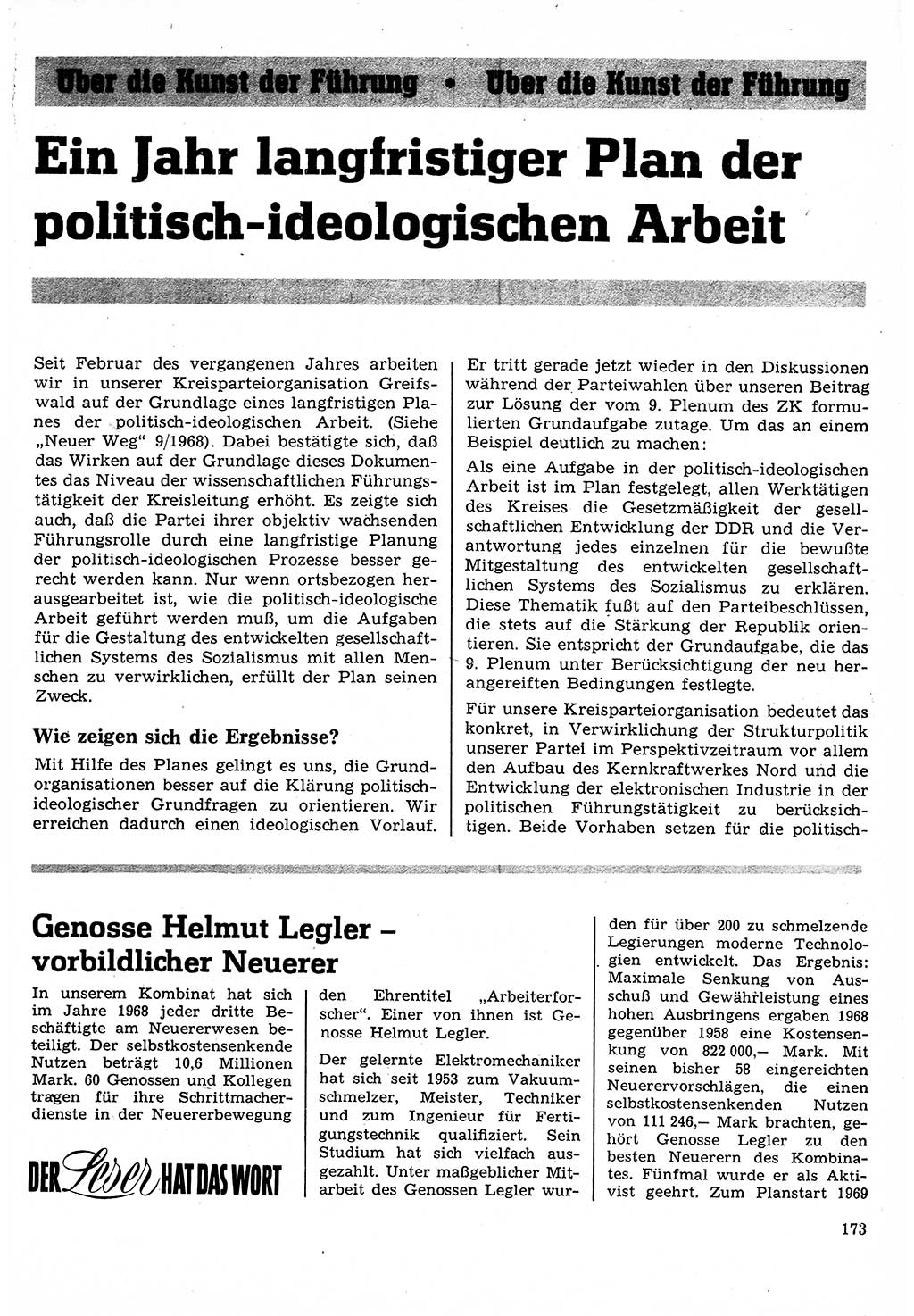 Neuer Weg (NW), Organ des Zentralkomitees (ZK) der SED (Sozialistische Einheitspartei Deutschlands) für Fragen des Parteilebens, 24. Jahrgang [Deutsche Demokratische Republik (DDR)] 1969, Seite 173 (NW ZK SED DDR 1969, S. 173)