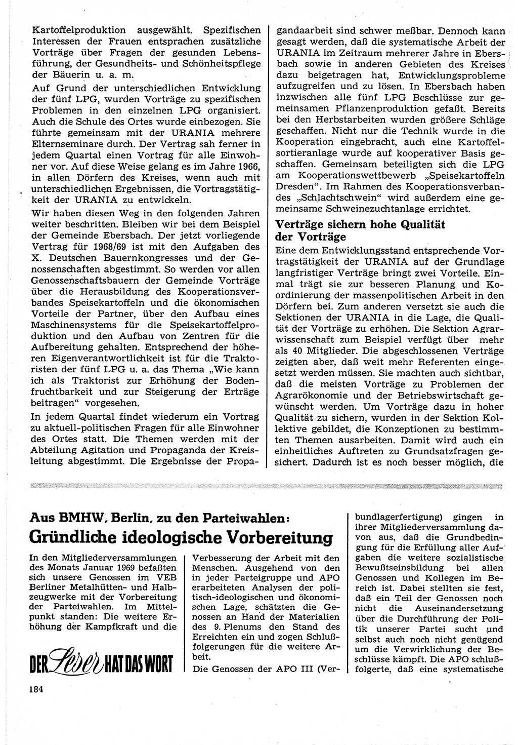 Neuer Weg (NW), Organ des Zentralkomitees (ZK) der SED (Sozialistische Einheitspartei Deutschlands) für Fragen des Parteilebens, 24. Jahrgang [Deutsche Demokratische Republik (DDR)] 1969, Seite 184 (NW ZK SED DDR 1969, S. 184)
