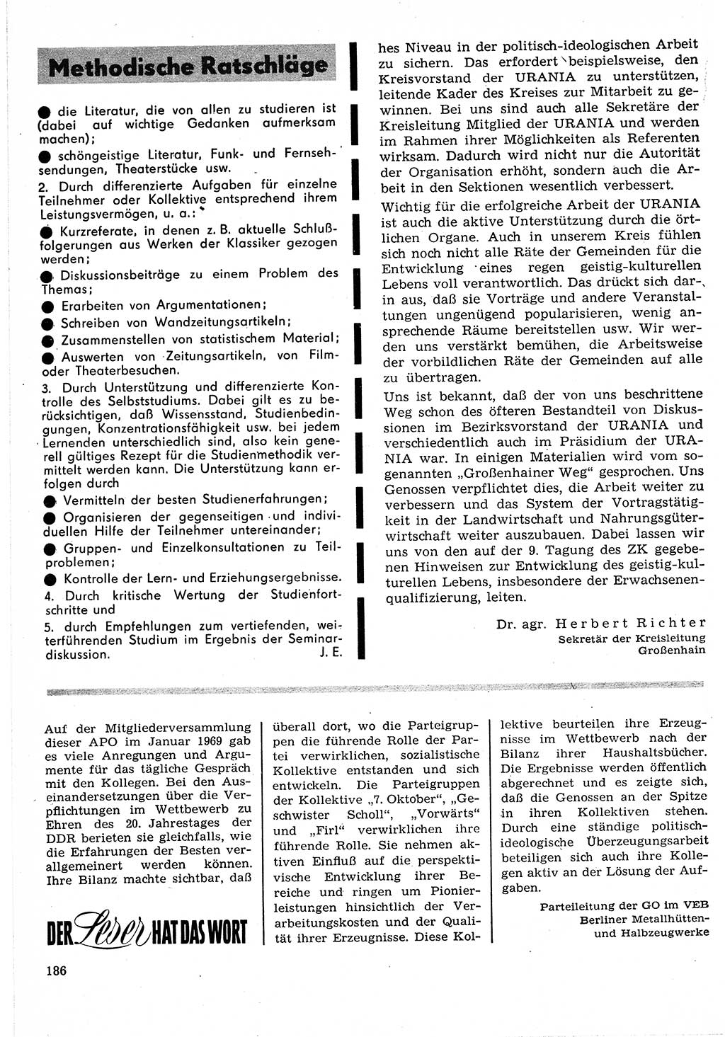 Neuer Weg (NW), Organ des Zentralkomitees (ZK) der SED (Sozialistische Einheitspartei Deutschlands) für Fragen des Parteilebens, 24. Jahrgang [Deutsche Demokratische Republik (DDR)] 1969, Seite 186 (NW ZK SED DDR 1969, S. 186)