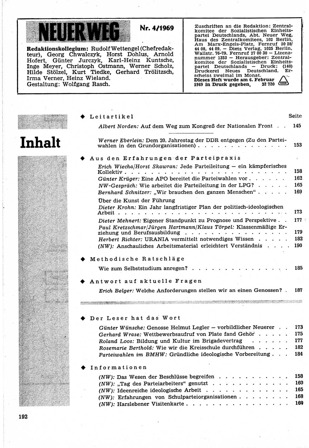 Neuer Weg (NW), Organ des Zentralkomitees (ZK) der SED (Sozialistische Einheitspartei Deutschlands) für Fragen des Parteilebens, 24. Jahrgang [Deutsche Demokratische Republik (DDR)] 1969, Seite 192 (NW ZK SED DDR 1969, S. 192)