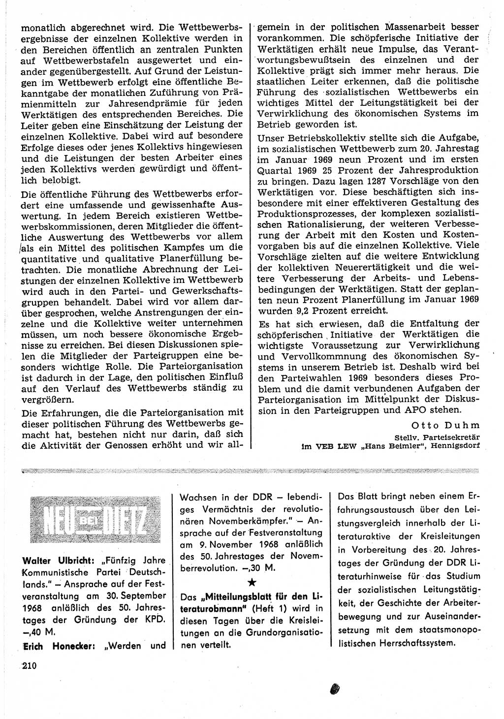 Neuer Weg (NW), Organ des Zentralkomitees (ZK) der SED (Sozialistische Einheitspartei Deutschlands) für Fragen des Parteilebens, 24. Jahrgang [Deutsche Demokratische Republik (DDR)] 1969, Seite 210 (NW ZK SED DDR 1969, S. 210)