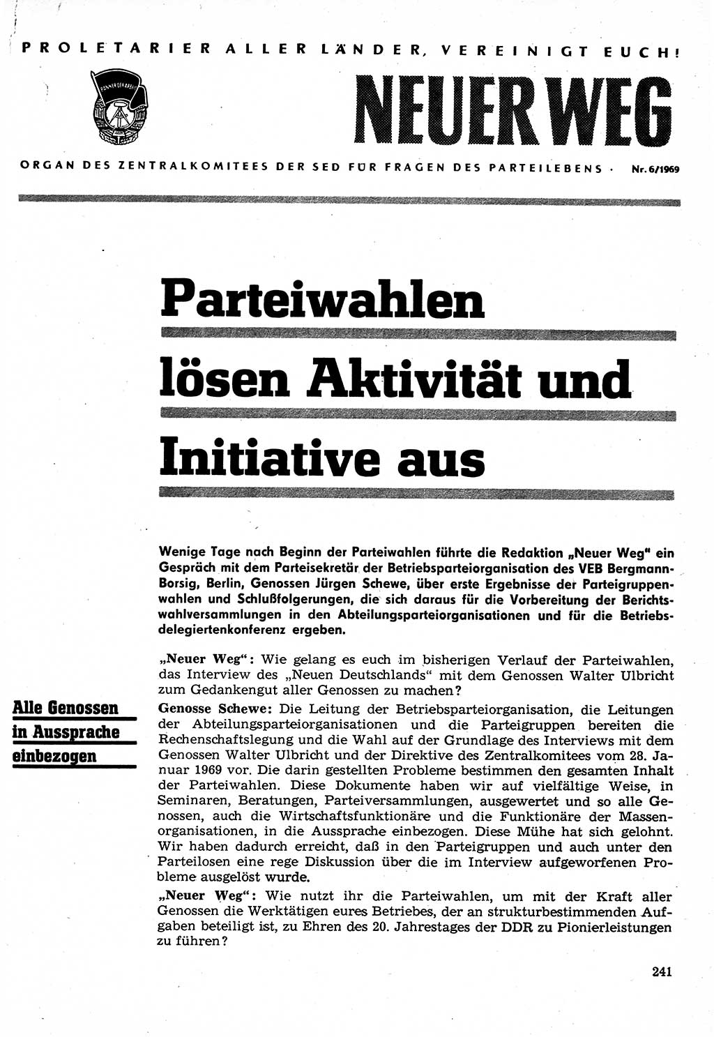 Neuer Weg (NW), Organ des Zentralkomitees (ZK) der SED (Sozialistische Einheitspartei Deutschlands) für Fragen des Parteilebens, 24. Jahrgang [Deutsche Demokratische Republik (DDR)] 1969, Seite 241 (NW ZK SED DDR 1969, S. 241)