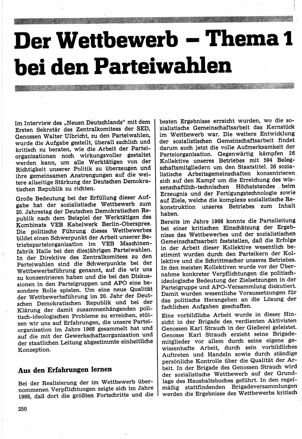 Neuer Weg (NW), Organ des Zentralkomitees (ZK) der SED (Sozialistische Einheitspartei Deutschlands) für Fragen des Parteilebens, 24. Jahrgang [Deutsche Demokratische Republik (DDR)] 1969, Seite 250 (NW ZK SED DDR 1969, S. 250)