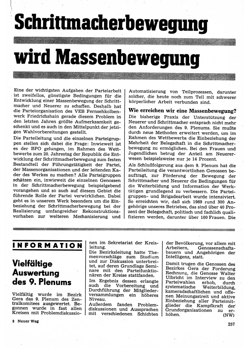 Neuer Weg (NW), Organ des Zentralkomitees (ZK) der SED (Sozialistische Einheitspartei Deutschlands) für Fragen des Parteilebens, 24. Jahrgang [Deutsche Demokratische Republik (DDR)] 1969, Seite 257 (NW ZK SED DDR 1969, S. 257)