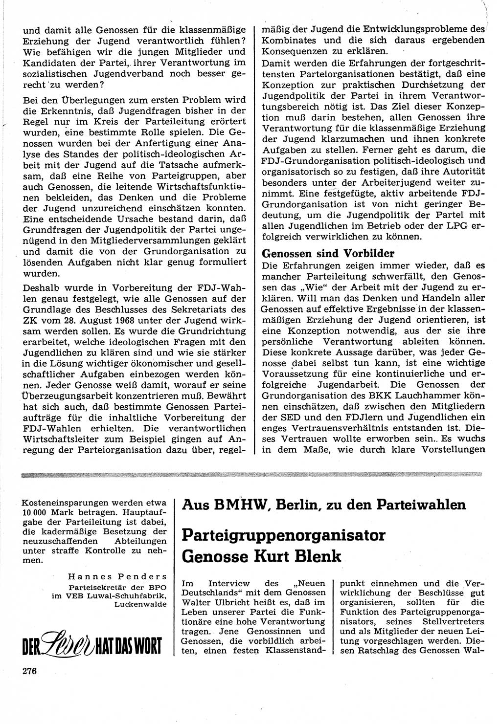 Neuer Weg (NW), Organ des Zentralkomitees (ZK) der SED (Sozialistische Einheitspartei Deutschlands) für Fragen des Parteilebens, 24. Jahrgang [Deutsche Demokratische Republik (DDR)] 1969, Seite 276 (NW ZK SED DDR 1969, S. 276)