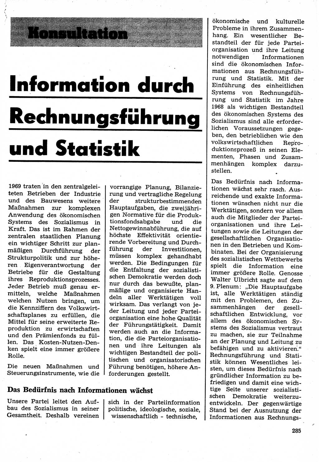 Neuer Weg (NW), Organ des Zentralkomitees (ZK) der SED (Sozialistische Einheitspartei Deutschlands) für Fragen des Parteilebens, 24. Jahrgang [Deutsche Demokratische Republik (DDR)] 1969, Seite 285 (NW ZK SED DDR 1969, S. 285)
