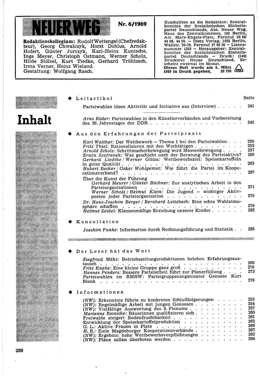 Neuer Weg (NW), Organ des Zentralkomitees (ZK) der SED (Sozialistische Einheitspartei Deutschlands) für Fragen des Parteilebens, 24. Jahrgang [Deutsche Demokratische Republik (DDR)] 1969, Seite 288 (NW ZK SED DDR 1969, S. 288)