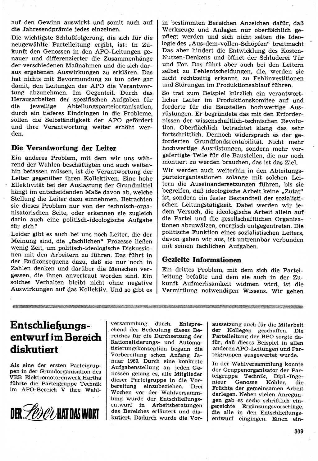 Neuer Weg (NW), Organ des Zentralkomitees (ZK) der SED (Sozialistische Einheitspartei Deutschlands) für Fragen des Parteilebens, 24. Jahrgang [Deutsche Demokratische Republik (DDR)] 1969, Seite 309 (NW ZK SED DDR 1969, S. 309)
