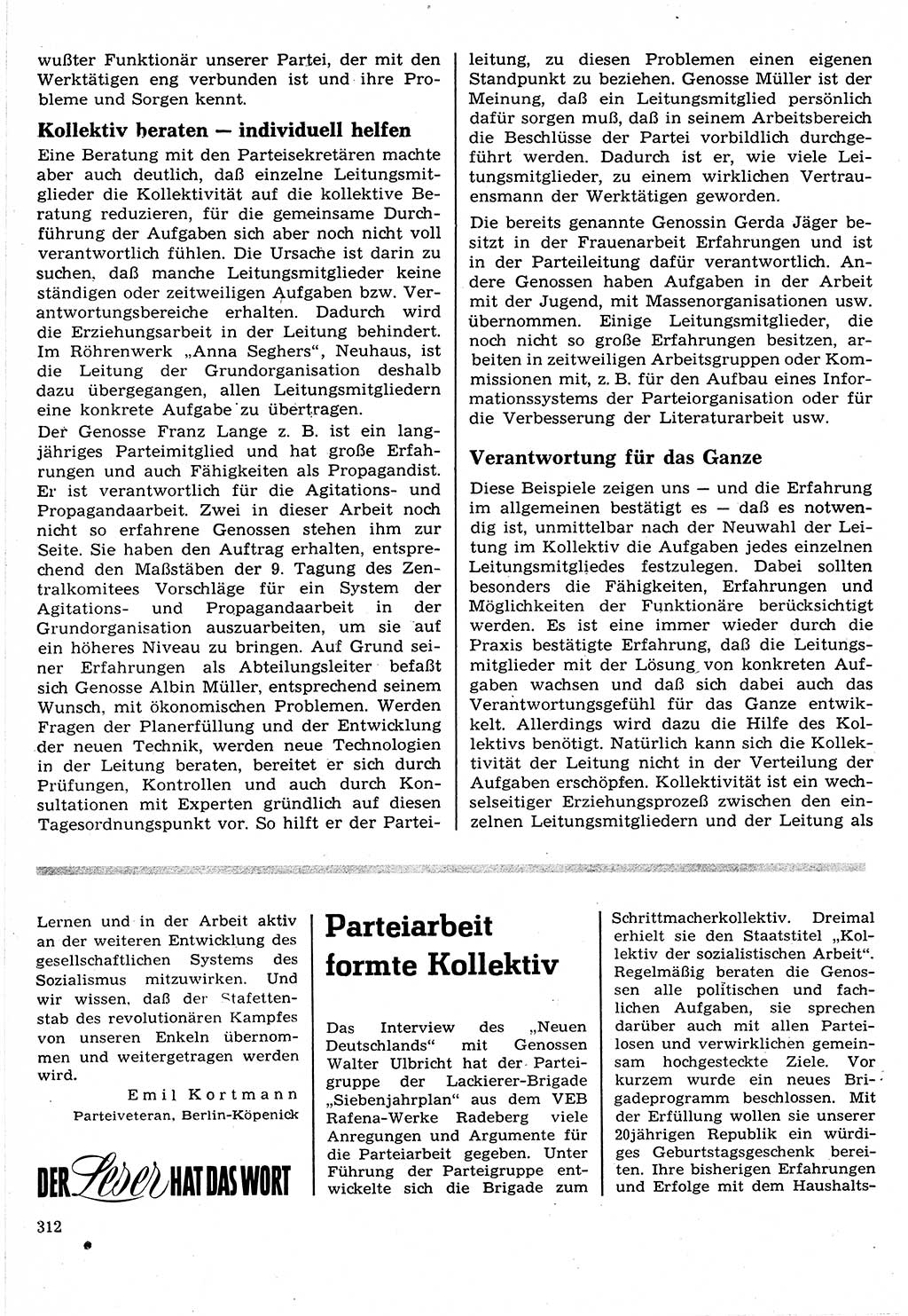 Neuer Weg (NW), Organ des Zentralkomitees (ZK) der SED (Sozialistische Einheitspartei Deutschlands) für Fragen des Parteilebens, 24. Jahrgang [Deutsche Demokratische Republik (DDR)] 1969, Seite 312 (NW ZK SED DDR 1969, S. 312)