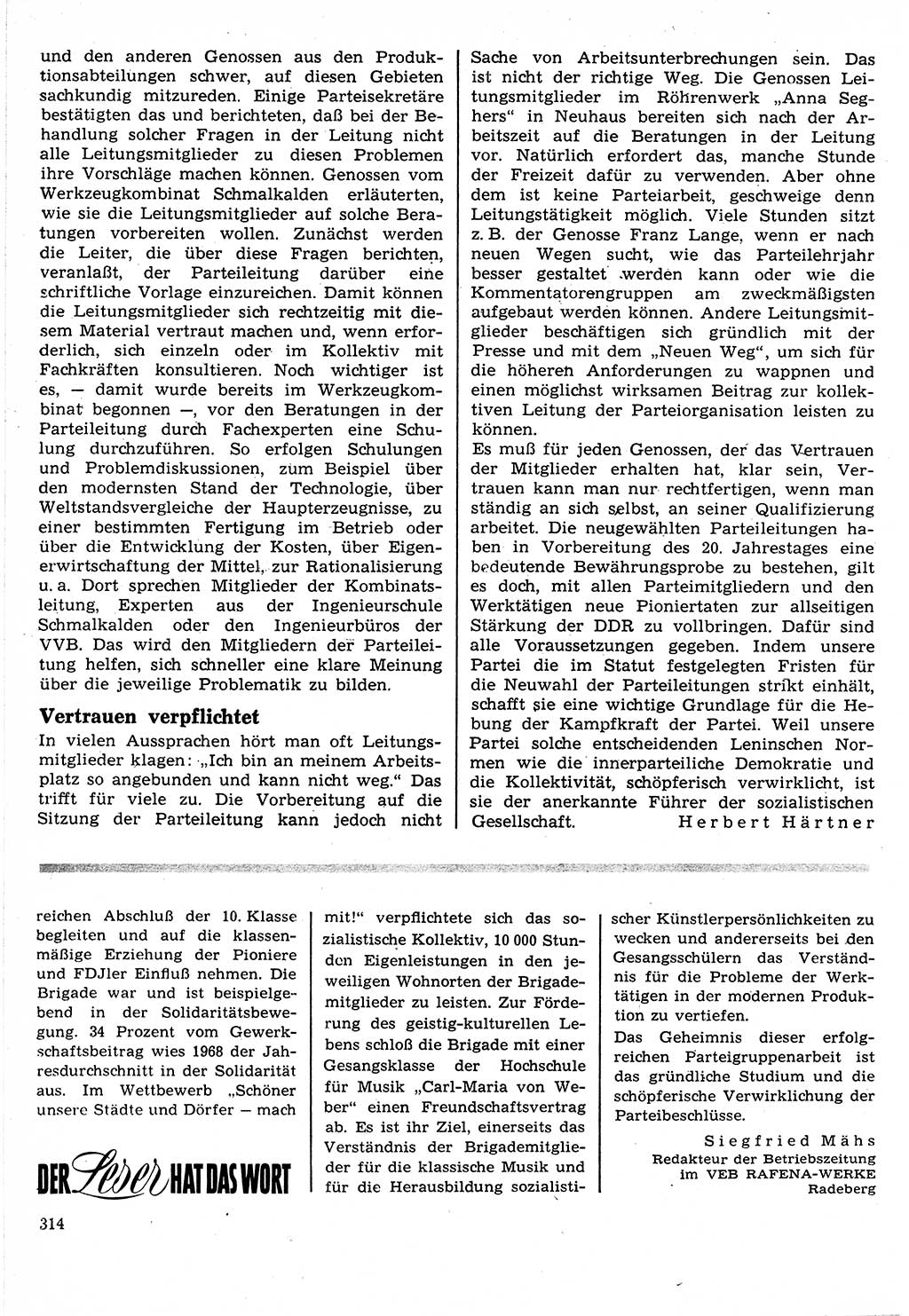 Neuer Weg (NW), Organ des Zentralkomitees (ZK) der SED (Sozialistische Einheitspartei Deutschlands) für Fragen des Parteilebens, 24. Jahrgang [Deutsche Demokratische Republik (DDR)] 1969, Seite 314 (NW ZK SED DDR 1969, S. 314)