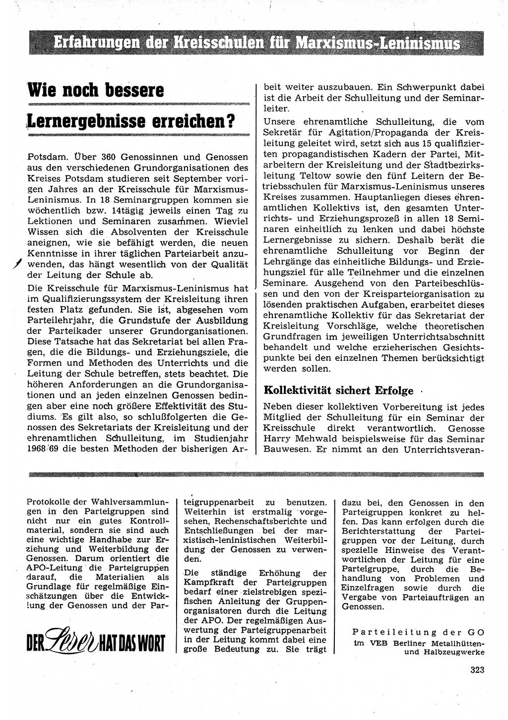Neuer Weg (NW), Organ des Zentralkomitees (ZK) der SED (Sozialistische Einheitspartei Deutschlands) für Fragen des Parteilebens, 24. Jahrgang [Deutsche Demokratische Republik (DDR)] 1969, Seite 323 (NW ZK SED DDR 1969, S. 323)