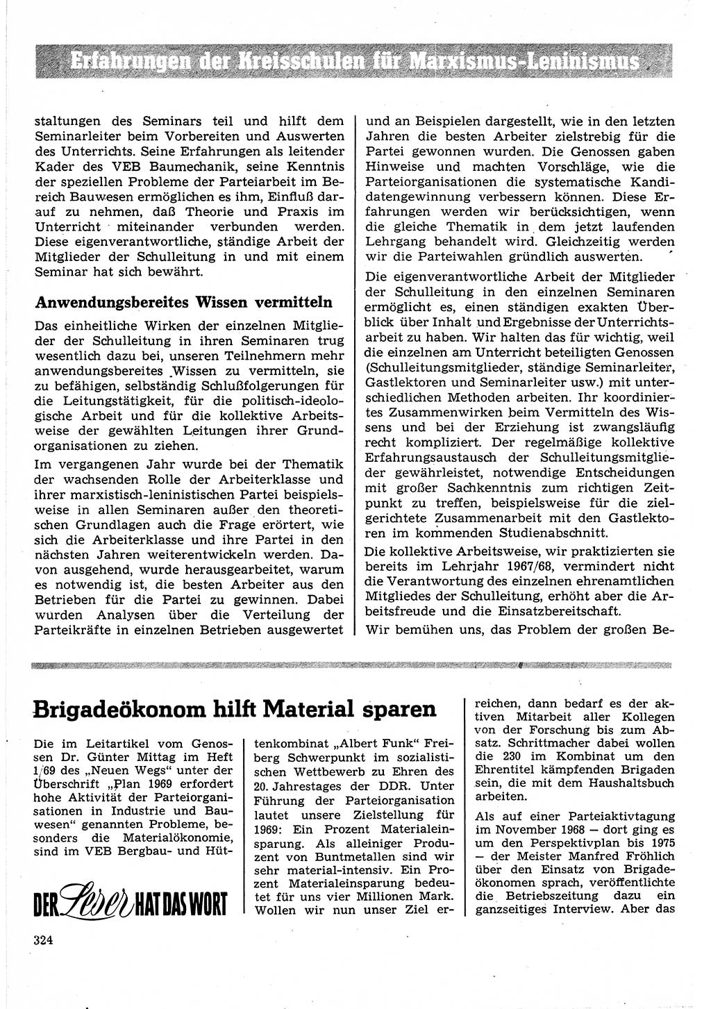 Neuer Weg (NW), Organ des Zentralkomitees (ZK) der SED (Sozialistische Einheitspartei Deutschlands) für Fragen des Parteilebens, 24. Jahrgang [Deutsche Demokratische Republik (DDR)] 1969, Seite 324 (NW ZK SED DDR 1969, S. 324)