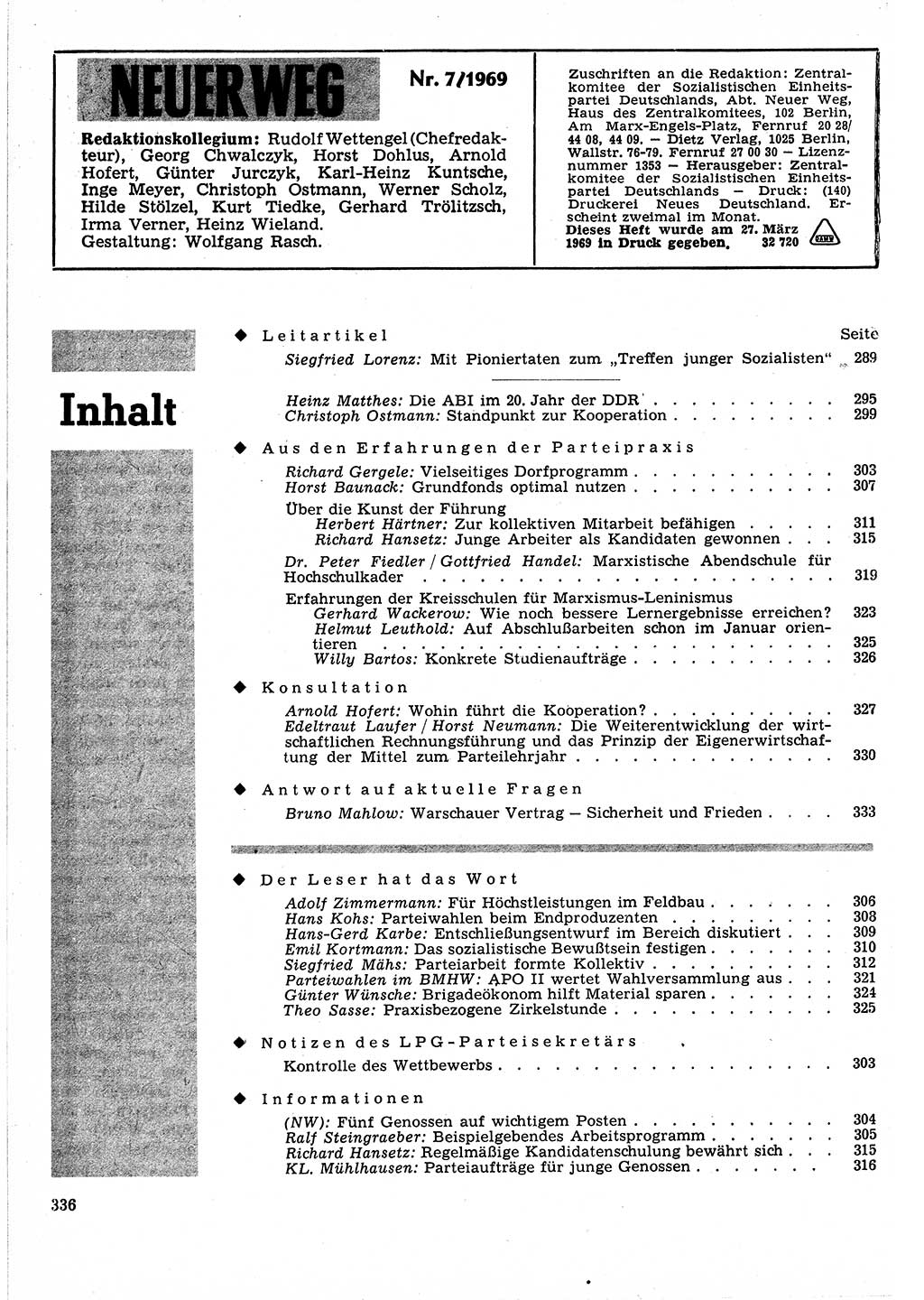 Neuer Weg (NW), Organ des Zentralkomitees (ZK) der SED (Sozialistische Einheitspartei Deutschlands) für Fragen des Parteilebens, 24. Jahrgang [Deutsche Demokratische Republik (DDR)] 1969, Seite 336 (NW ZK SED DDR 1969, S. 336)