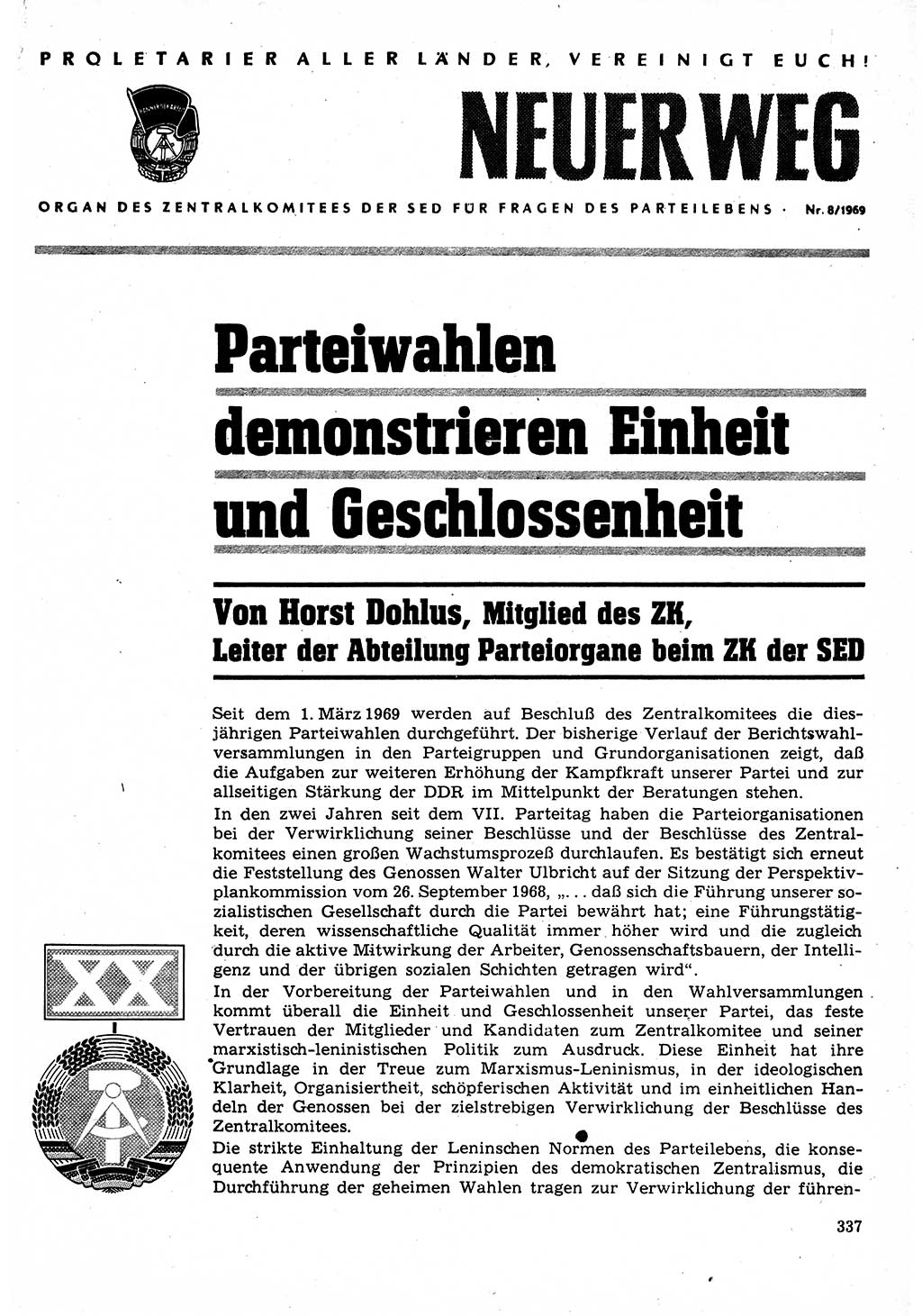 Neuer Weg (NW), Organ des Zentralkomitees (ZK) der SED (Sozialistische Einheitspartei Deutschlands) für Fragen des Parteilebens, 24. Jahrgang [Deutsche Demokratische Republik (DDR)] 1969, Seite 337 (NW ZK SED DDR 1969, S. 337)