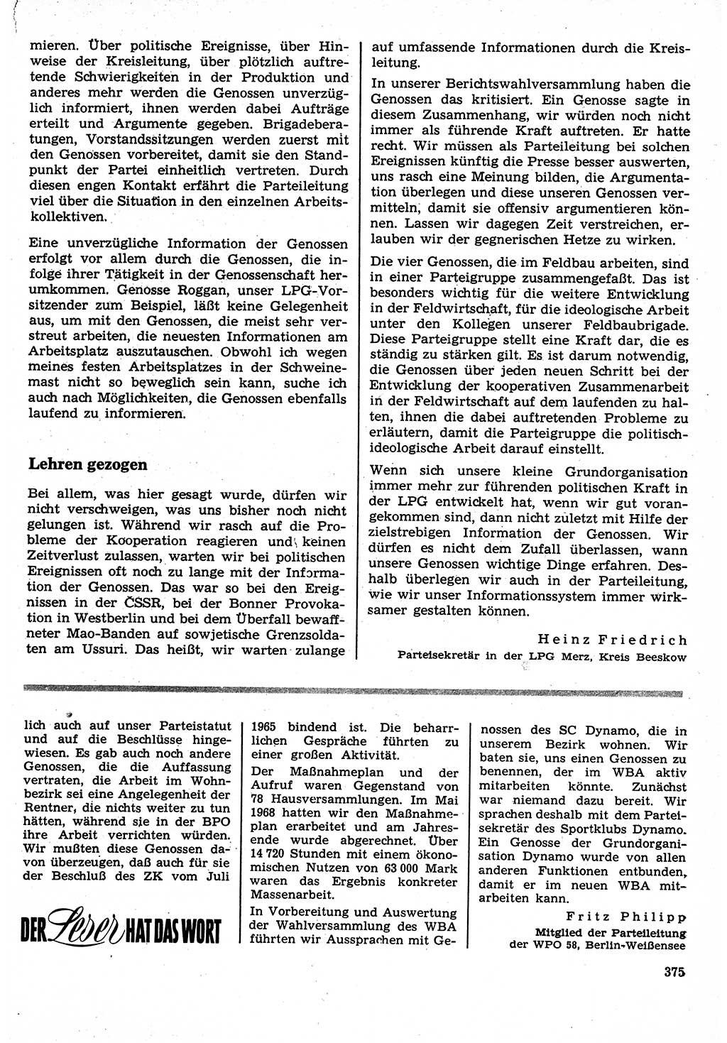 Neuer Weg (NW), Organ des Zentralkomitees (ZK) der SED (Sozialistische Einheitspartei Deutschlands) für Fragen des Parteilebens, 24. Jahrgang [Deutsche Demokratische Republik (DDR)] 1969, Seite 375 (NW ZK SED DDR 1969, S. 375)