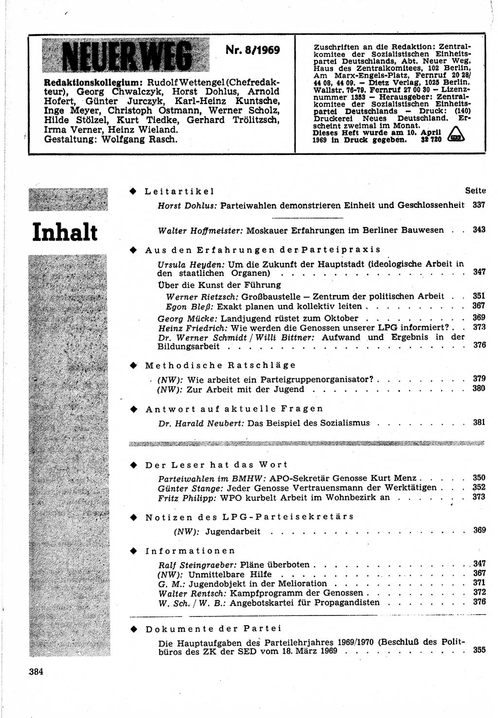 Neuer Weg (NW), Organ des Zentralkomitees (ZK) der SED (Sozialistische Einheitspartei Deutschlands) fÃ¼r Fragen des Parteilebens, 24. Jahrgang [Deutsche Demokratische Republik (DDR)] 1969, Seite 384 (NW ZK SED DDR 1969, S. 384)