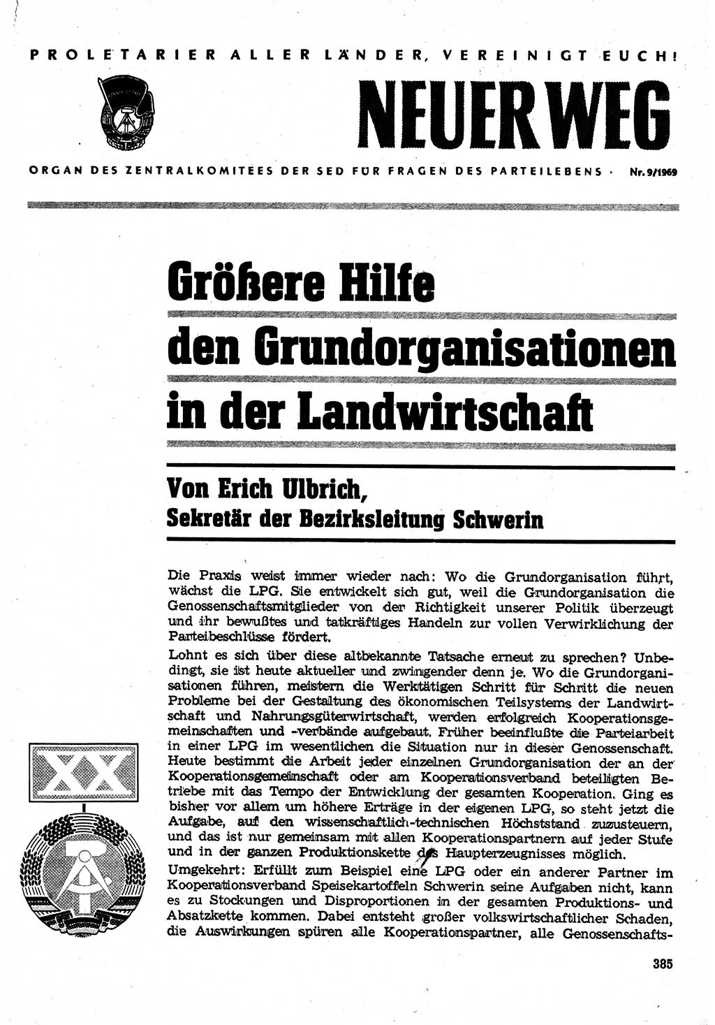 Neuer Weg (NW), Organ des Zentralkomitees (ZK) der SED (Sozialistische Einheitspartei Deutschlands) für Fragen des Parteilebens, 24. Jahrgang [Deutsche Demokratische Republik (DDR)] 1969, Seite 385 (NW ZK SED DDR 1969, S. 385)