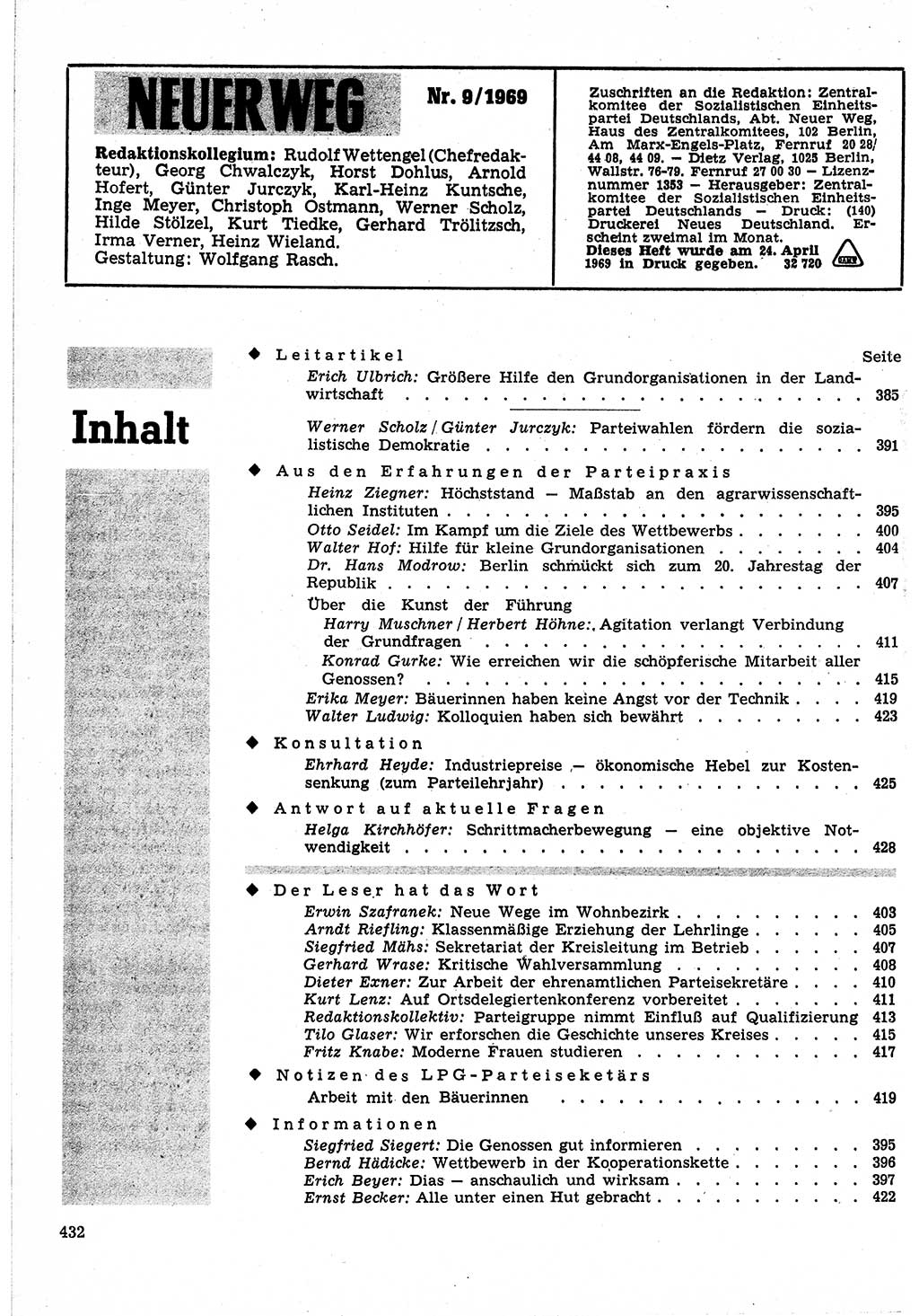 Neuer Weg (NW), Organ des Zentralkomitees (ZK) der SED (Sozialistische Einheitspartei Deutschlands) für Fragen des Parteilebens, 24. Jahrgang [Deutsche Demokratische Republik (DDR)] 1969, Seite 432 (NW ZK SED DDR 1969, S. 432)
