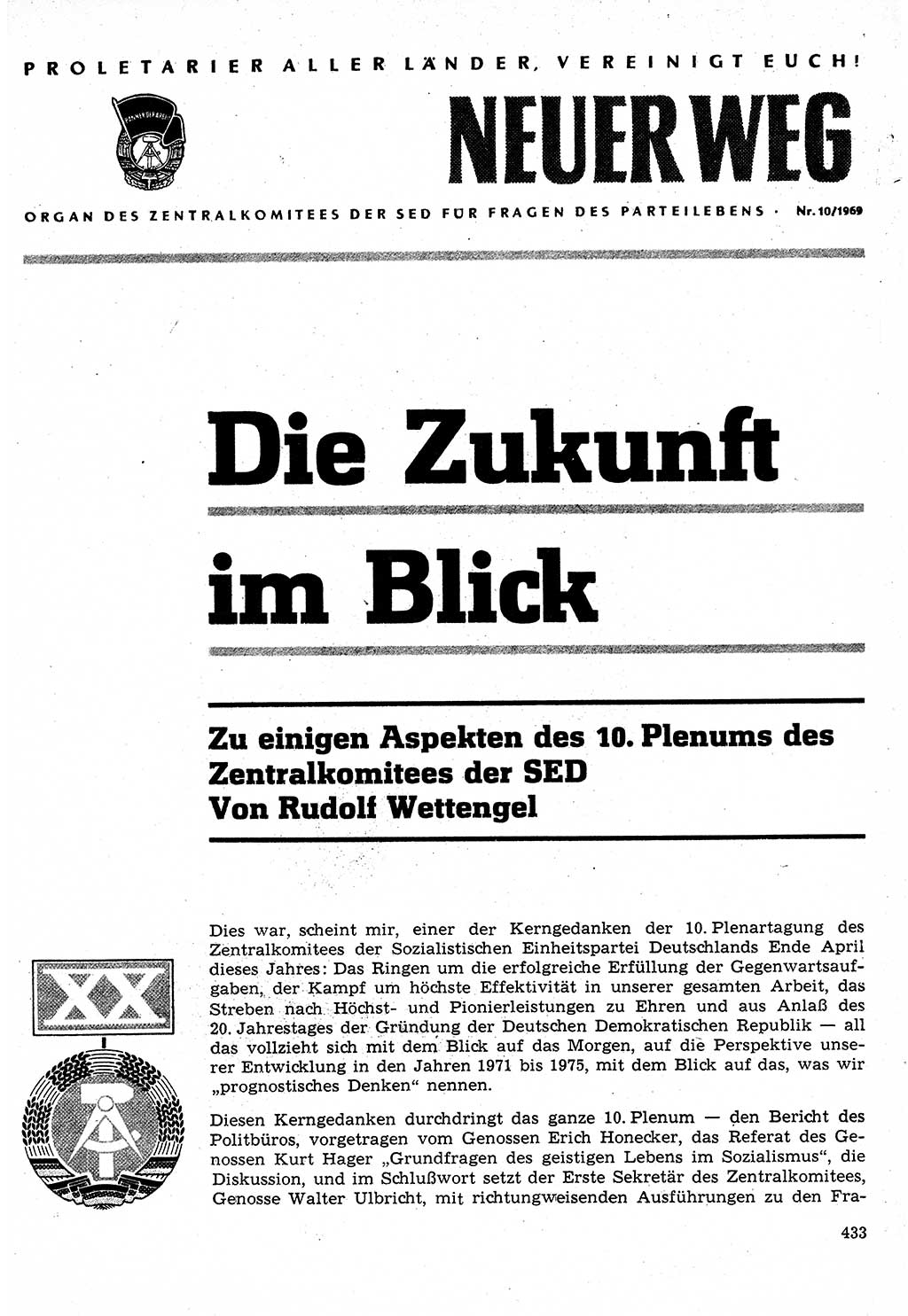 Neuer Weg (NW), Organ des Zentralkomitees (ZK) der SED (Sozialistische Einheitspartei Deutschlands) für Fragen des Parteilebens, 24. Jahrgang [Deutsche Demokratische Republik (DDR)] 1969, Seite 433 (NW ZK SED DDR 1969, S. 433)