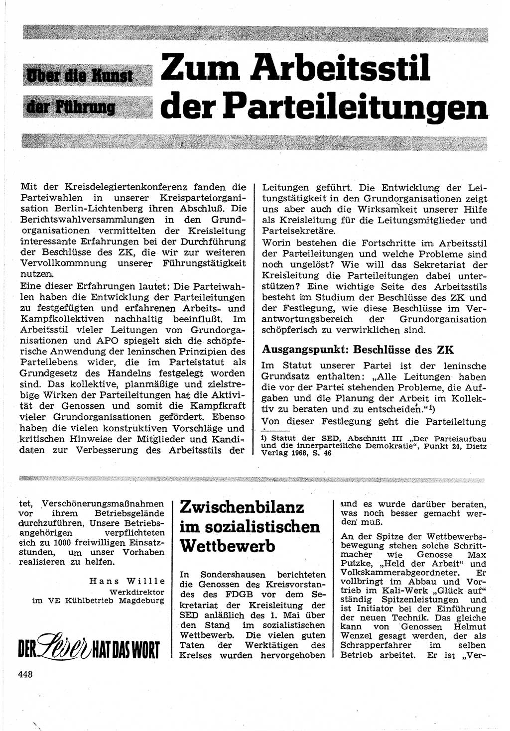 Neuer Weg (NW), Organ des Zentralkomitees (ZK) der SED (Sozialistische Einheitspartei Deutschlands) für Fragen des Parteilebens, 24. Jahrgang [Deutsche Demokratische Republik (DDR)] 1969, Seite 448 (NW ZK SED DDR 1969, S. 448)