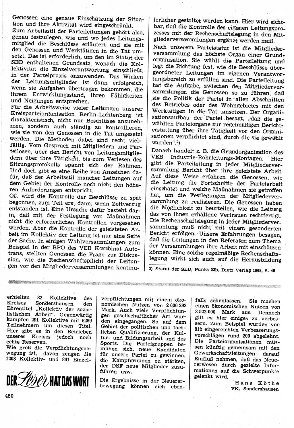 Neuer Weg (NW), Organ des Zentralkomitees (ZK) der SED (Sozialistische Einheitspartei Deutschlands) für Fragen des Parteilebens, 24. Jahrgang [Deutsche Demokratische Republik (DDR)] 1969, Seite 450 (NW ZK SED DDR 1969, S. 450)