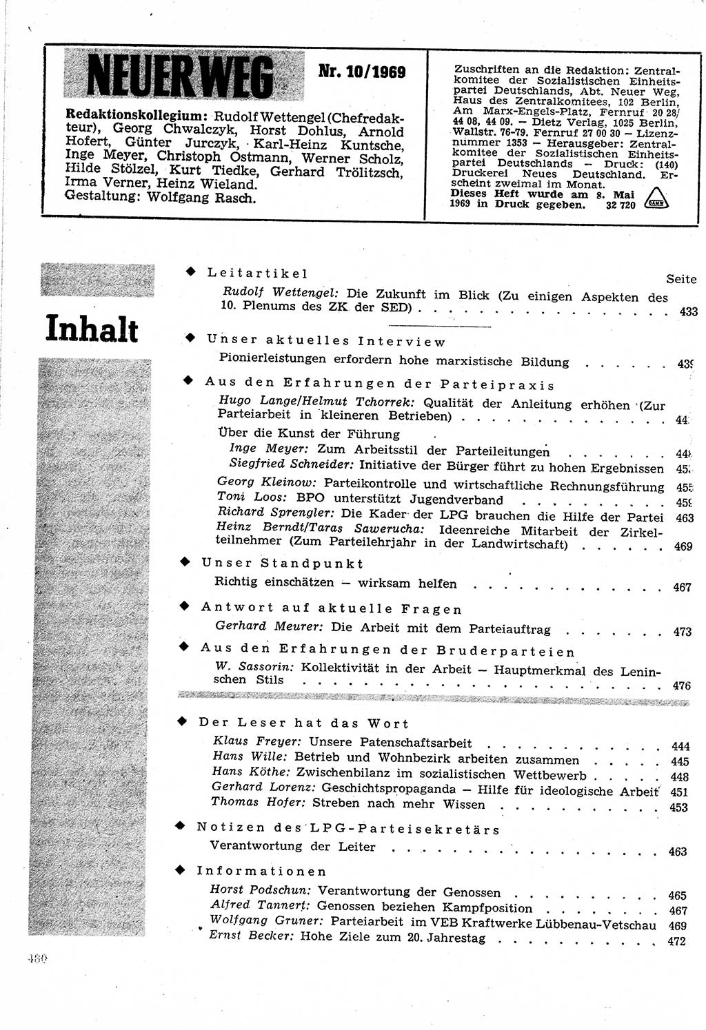 Neuer Weg (NW), Organ des Zentralkomitees (ZK) der SED (Sozialistische Einheitspartei Deutschlands) für Fragen des Parteilebens, 24. Jahrgang [Deutsche Demokratische Republik (DDR)] 1969, Seite 480 (NW ZK SED DDR 1969, S. 480)
