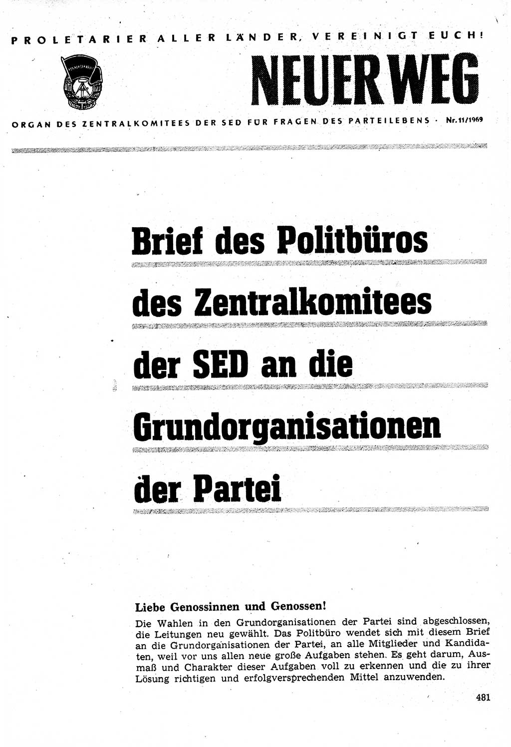 Neuer Weg (NW), Organ des Zentralkomitees (ZK) der SED (Sozialistische Einheitspartei Deutschlands) für Fragen des Parteilebens, 24. Jahrgang [Deutsche Demokratische Republik (DDR)] 1969, Seite 481 (NW ZK SED DDR 1969, S. 481)