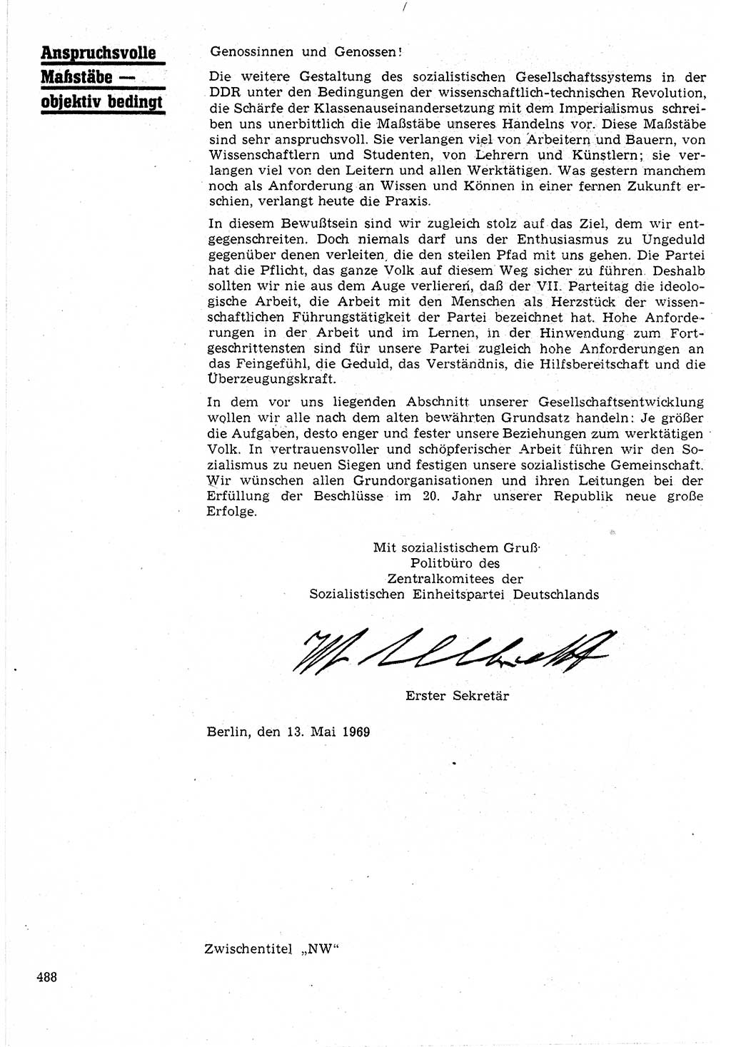 Neuer Weg (NW), Organ des Zentralkomitees (ZK) der SED (Sozialistische Einheitspartei Deutschlands) für Fragen des Parteilebens, 24. Jahrgang [Deutsche Demokratische Republik (DDR)] 1969, Seite 488 (NW ZK SED DDR 1969, S. 488)