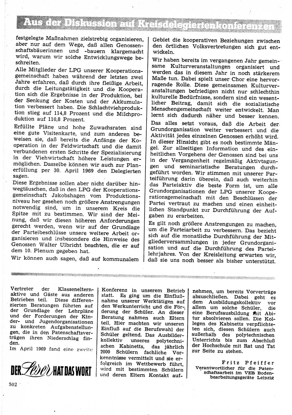 Neuer Weg (NW), Organ des Zentralkomitees (ZK) der SED (Sozialistische Einheitspartei Deutschlands) für Fragen des Parteilebens, 24. Jahrgang [Deutsche Demokratische Republik (DDR)] 1969, Seite 502 (NW ZK SED DDR 1969, S. 502)