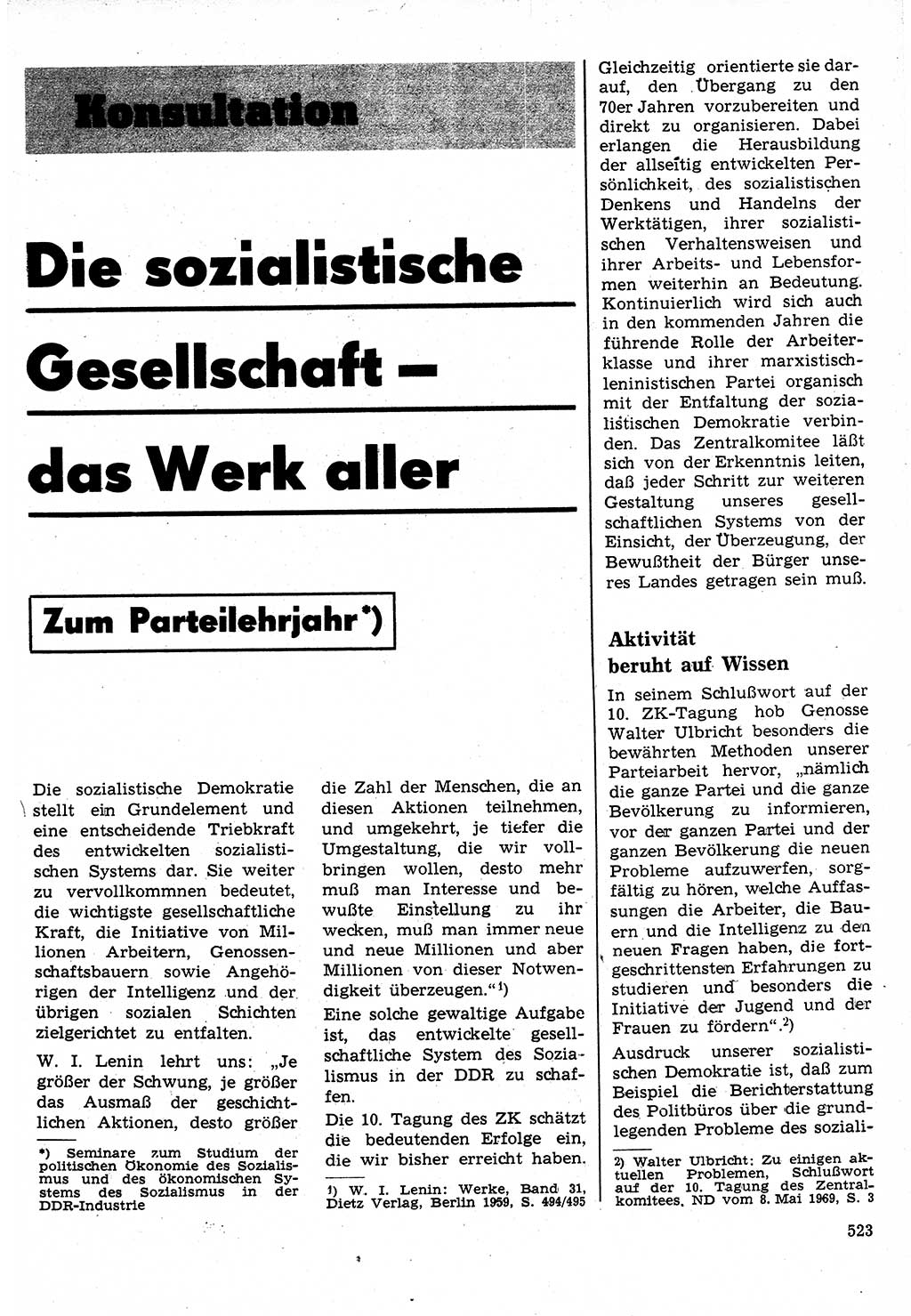 Neuer Weg (NW), Organ des Zentralkomitees (ZK) der SED (Sozialistische Einheitspartei Deutschlands) für Fragen des Parteilebens, 24. Jahrgang [Deutsche Demokratische Republik (DDR)] 1969, Seite 523 (NW ZK SED DDR 1969, S. 523)