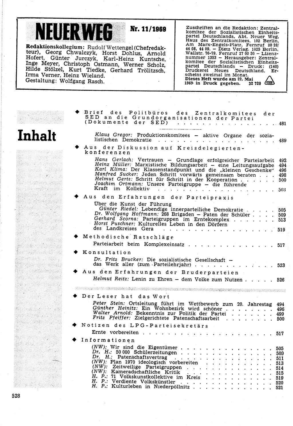 Neuer Weg (NW), Organ des Zentralkomitees (ZK) der SED (Sozialistische Einheitspartei Deutschlands) für Fragen des Parteilebens, 24. Jahrgang [Deutsche Demokratische Republik (DDR)] 1969, Seite 528 (NW ZK SED DDR 1969, S. 528)
