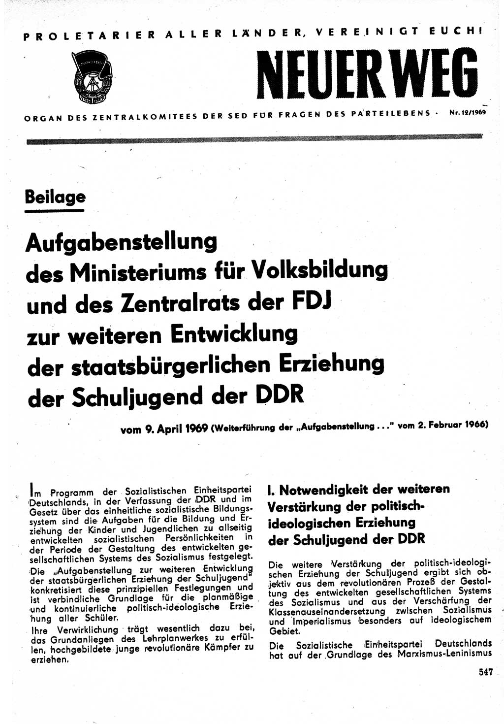 Neuer Weg (NW), Organ des Zentralkomitees (ZK) der SED (Sozialistische Einheitspartei Deutschlands) für Fragen des Parteilebens, 24. Jahrgang [Deutsche Demokratische Republik (DDR)] 1969, Seite 547 (NW ZK SED DDR 1969, S. 547)