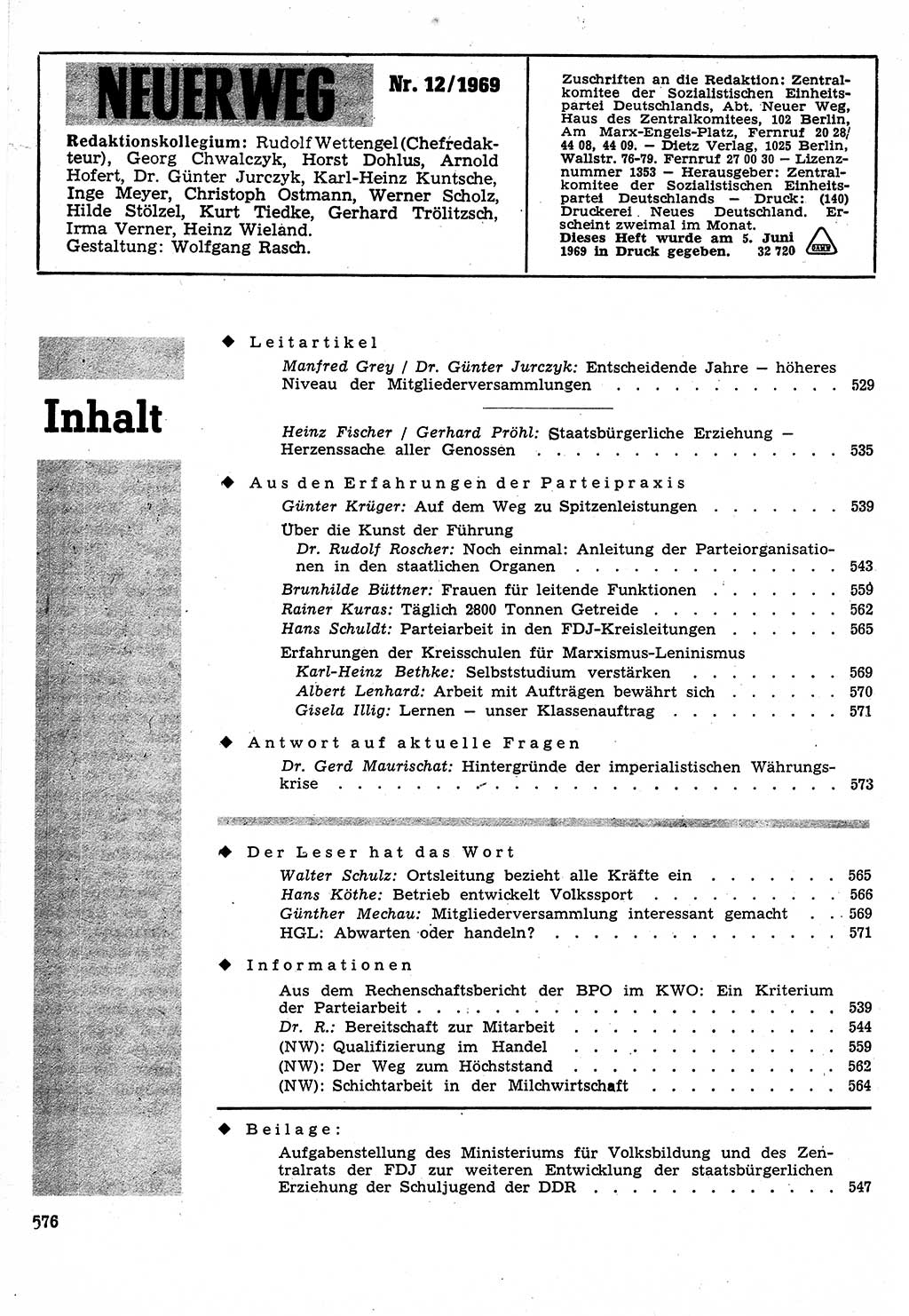 Neuer Weg (NW), Organ des Zentralkomitees (ZK) der SED (Sozialistische Einheitspartei Deutschlands) für Fragen des Parteilebens, 24. Jahrgang [Deutsche Demokratische Republik (DDR)] 1969, Seite 576 (NW ZK SED DDR 1969, S. 576)