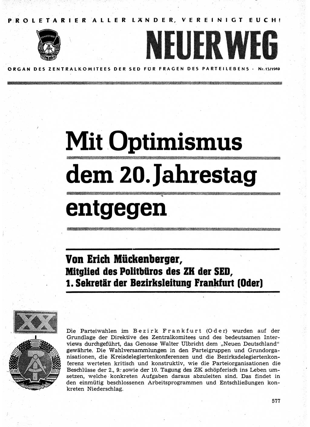 Neuer Weg (NW), Organ des Zentralkomitees (ZK) der SED (Sozialistische Einheitspartei Deutschlands) für Fragen des Parteilebens, 24. Jahrgang [Deutsche Demokratische Republik (DDR)] 1969, Seite 577 (NW ZK SED DDR 1969, S. 577)