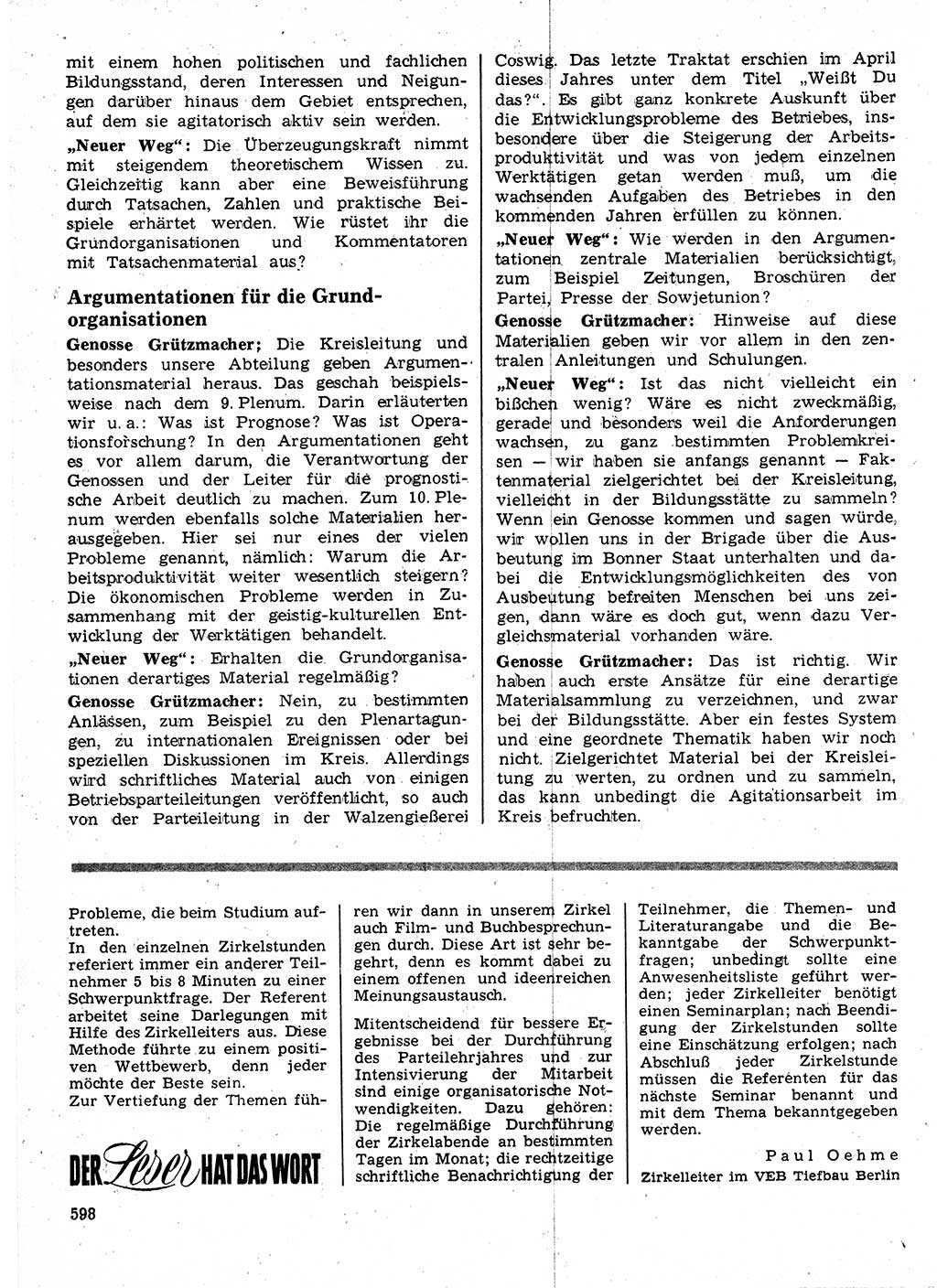 Neuer Weg (NW), Organ des Zentralkomitees (ZK) der SED (Sozialistische Einheitspartei Deutschlands) für Fragen des Parteilebens, 24. Jahrgang [Deutsche Demokratische Republik (DDR)] 1969, Seite 598 (NW ZK SED DDR 1969, S. 598)