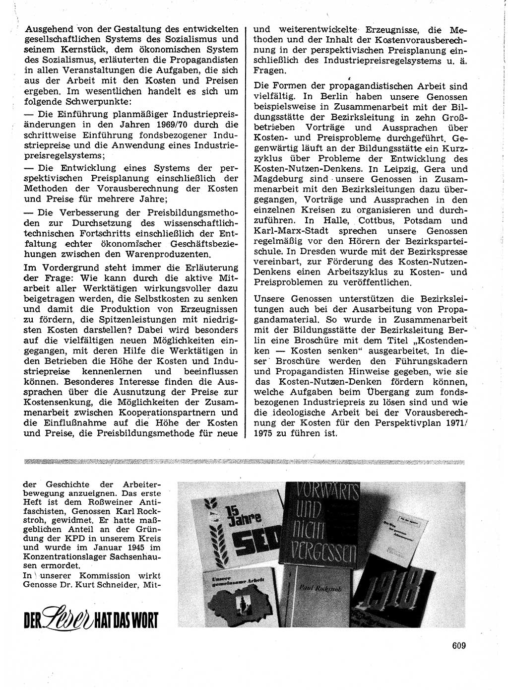 Neuer Weg (NW), Organ des Zentralkomitees (ZK) der SED (Sozialistische Einheitspartei Deutschlands) für Fragen des Parteilebens, 24. Jahrgang [Deutsche Demokratische Republik (DDR)] 1969, Seite 609 (NW ZK SED DDR 1969, S. 609)