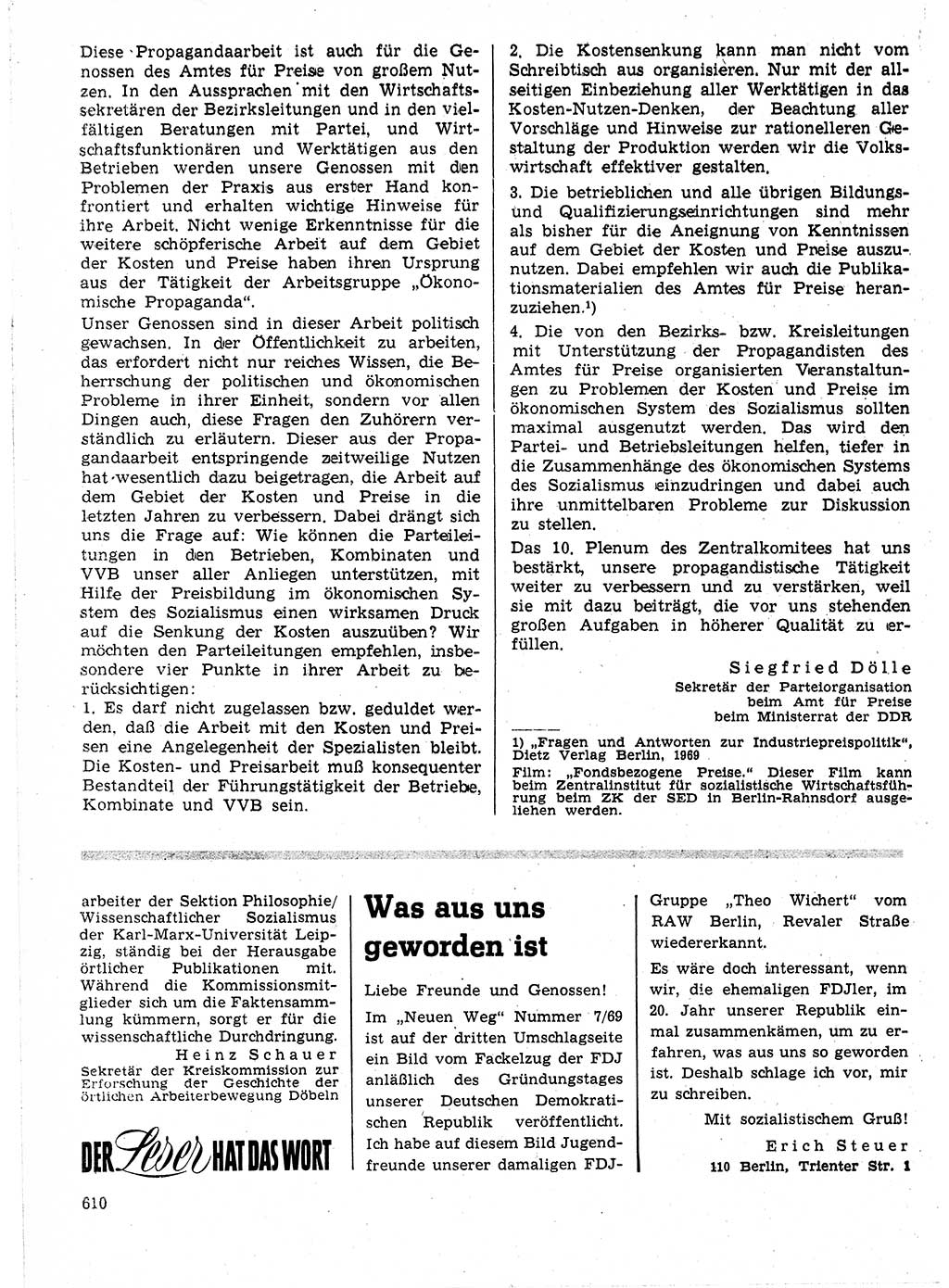 Neuer Weg (NW), Organ des Zentralkomitees (ZK) der SED (Sozialistische Einheitspartei Deutschlands) für Fragen des Parteilebens, 24. Jahrgang [Deutsche Demokratische Republik (DDR)] 1969, Seite 610 (NW ZK SED DDR 1969, S. 610)