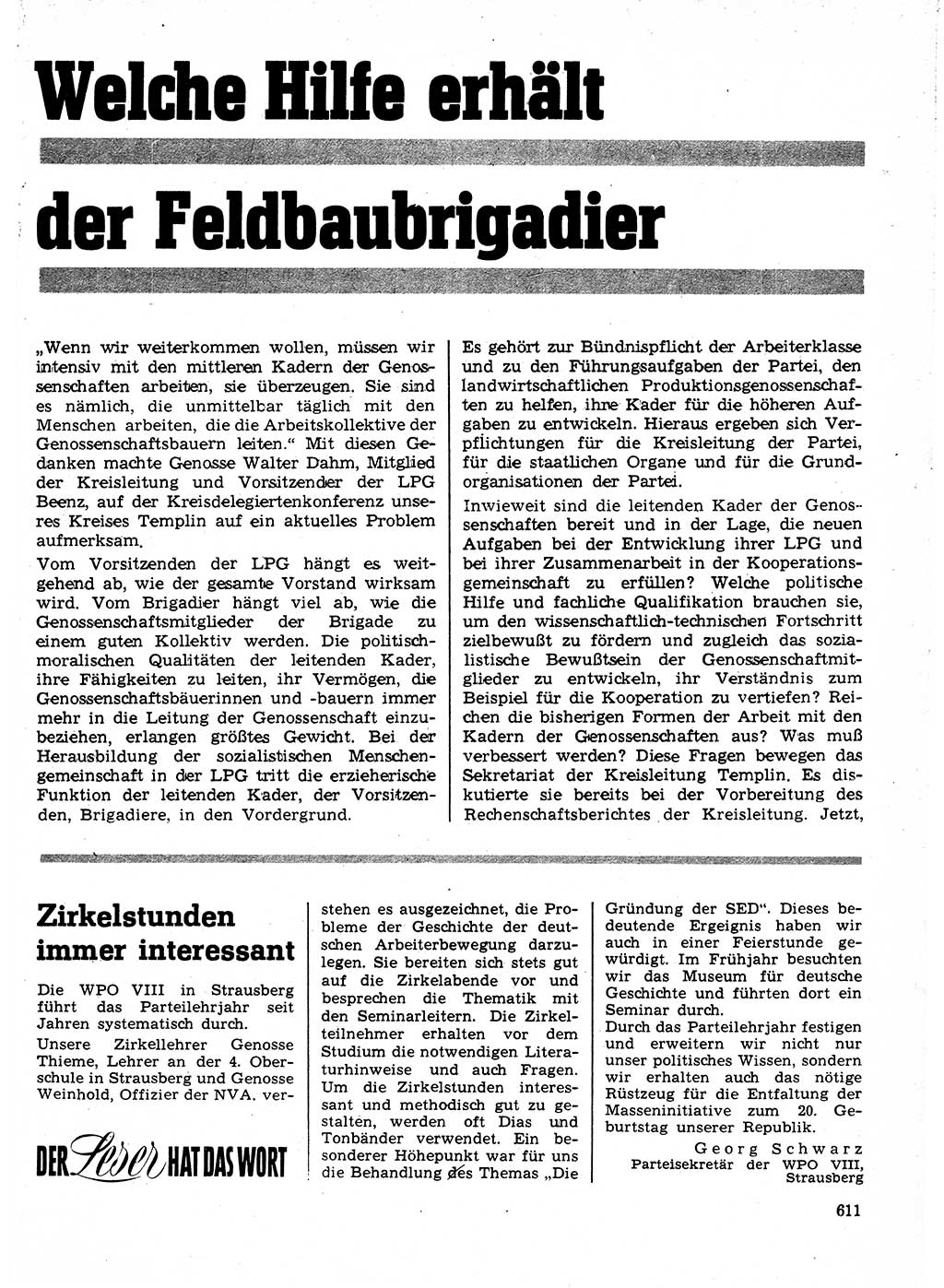 Neuer Weg (NW), Organ des Zentralkomitees (ZK) der SED (Sozialistische Einheitspartei Deutschlands) für Fragen des Parteilebens, 24. Jahrgang [Deutsche Demokratische Republik (DDR)] 1969, Seite 611 (NW ZK SED DDR 1969, S. 611)