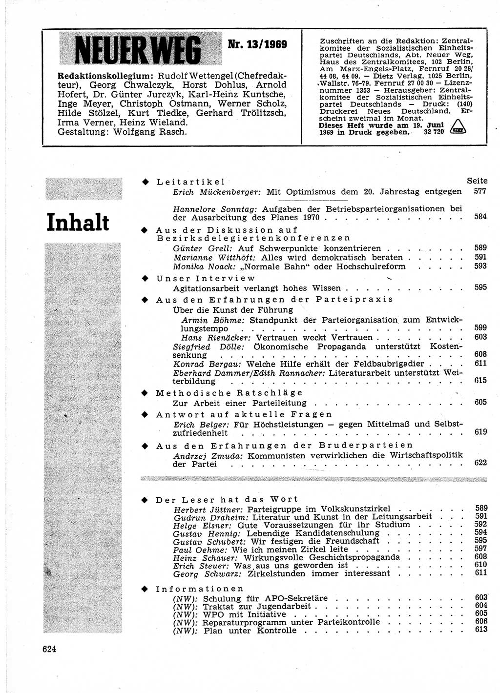 Neuer Weg (NW), Organ des Zentralkomitees (ZK) der SED (Sozialistische Einheitspartei Deutschlands) für Fragen des Parteilebens, 24. Jahrgang [Deutsche Demokratische Republik (DDR)] 1969, Seite 624 (NW ZK SED DDR 1969, S. 624)